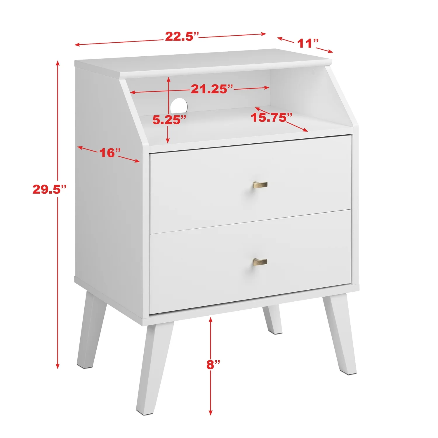 Prepac Milo Mid Century Modern 2-Drawer Nightstand with Angled Top, White
