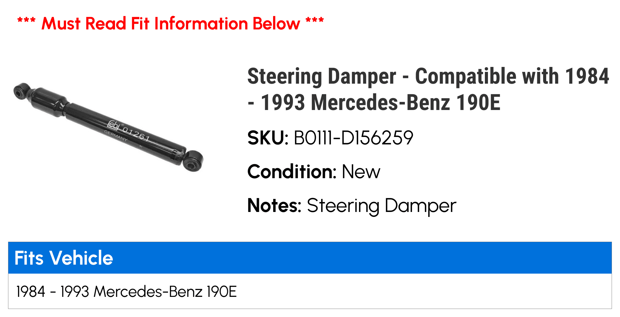 Steering Damper - Compatible with 1984 - 1993 Mercedes-Benz 190E 1985 1986 1987 1988 1989 1990 1991 1992