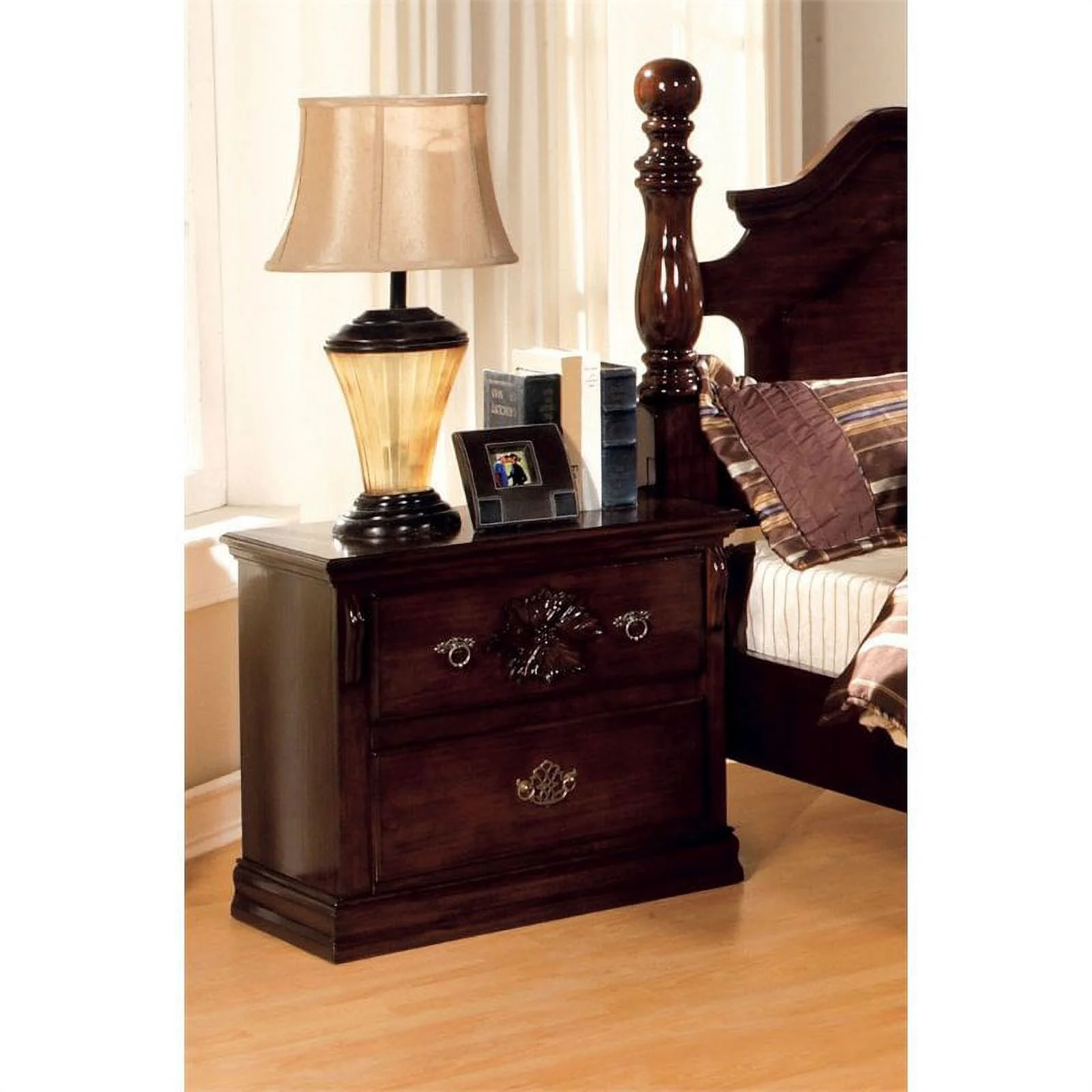 FOA Hemps 4pc Dark Brown Pine Wood Bed Set - Cal King+Nightstand+Dresser+Mirror