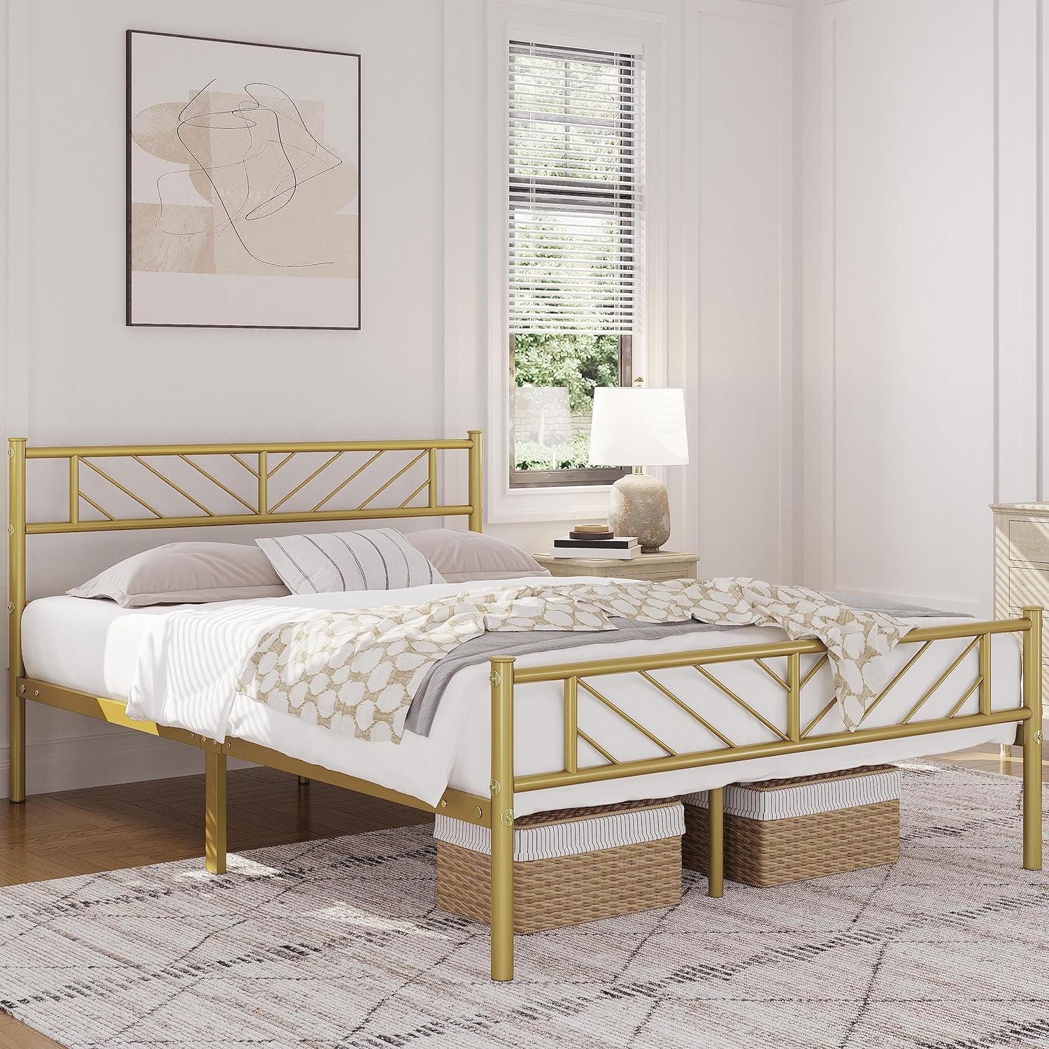 Queen Size Metal Platform Bed With Arrow Design Headboard And Footboard, 13 Inches Underbed Storage, 12 Built-In Steel Slats, No Box Spring Needed,Antique