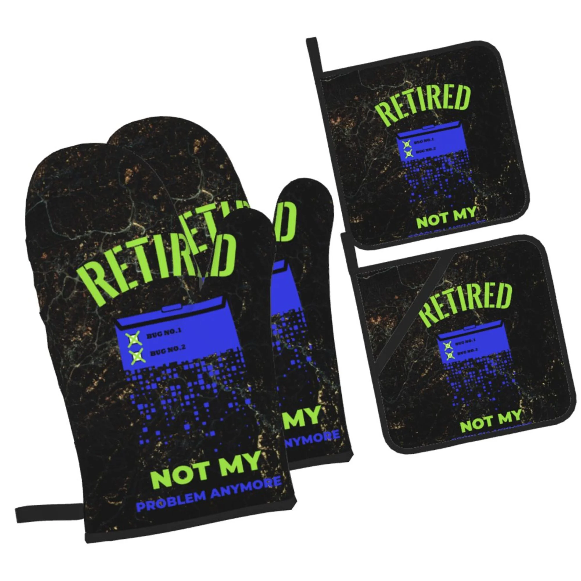 Happy Retirement Funny Words Oven Mitts and Pot Holders Sets Baking Sets for Kitchen Bbq Gloves Heat Resistant Cooking Blessings Questions 4 Pieces