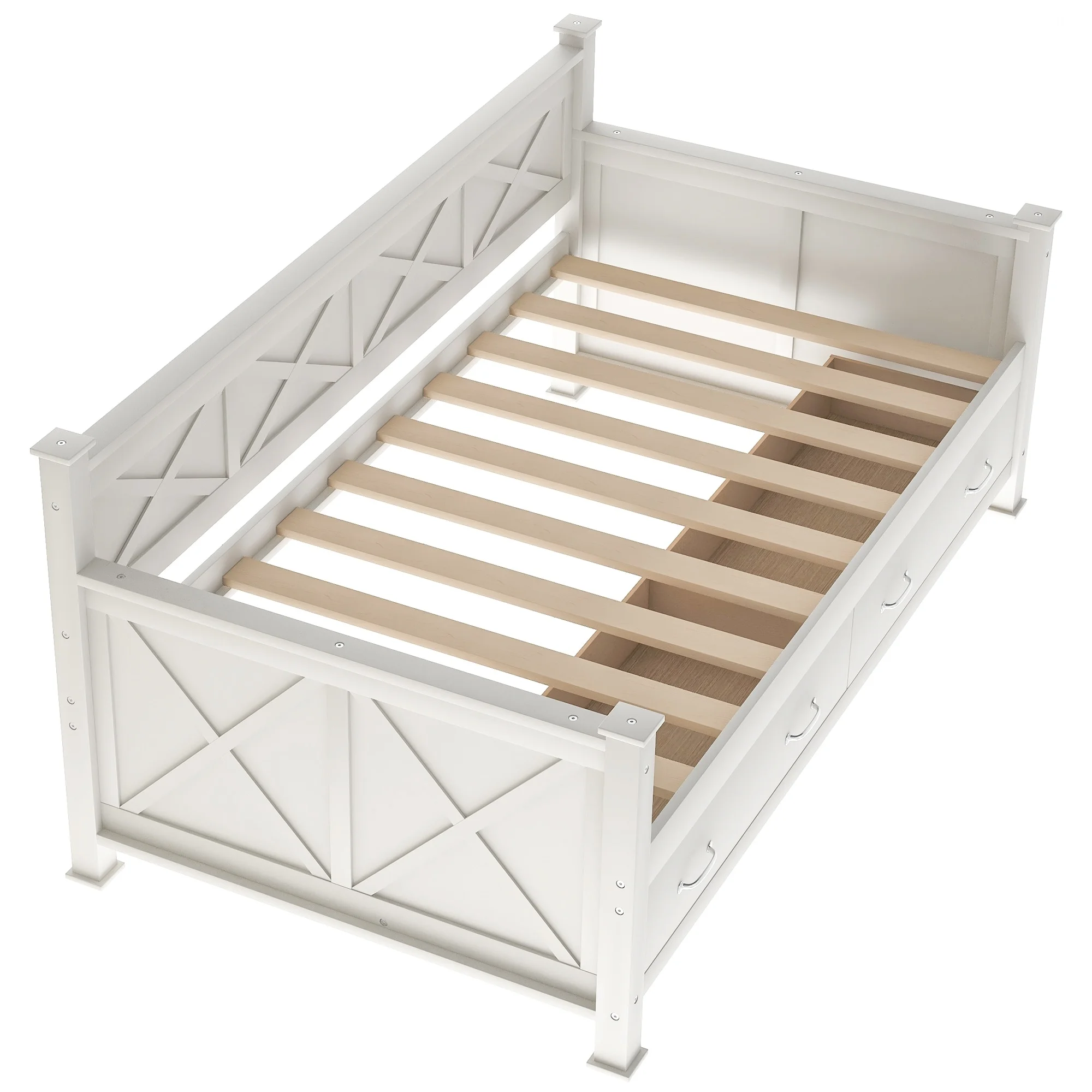 Twin Size Daybed with X-Shaped Frame and 2 Large Drawers, Rustic Casual Style Daybed Cream