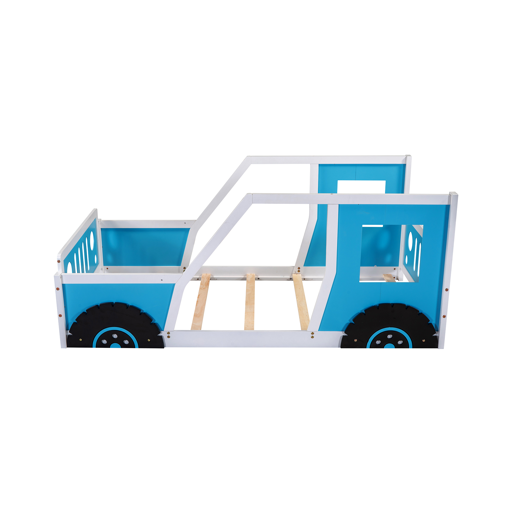 Dawn Whisper Contemporary Classic Car-Shaped Twin Platform Bed with Wheels, Blue