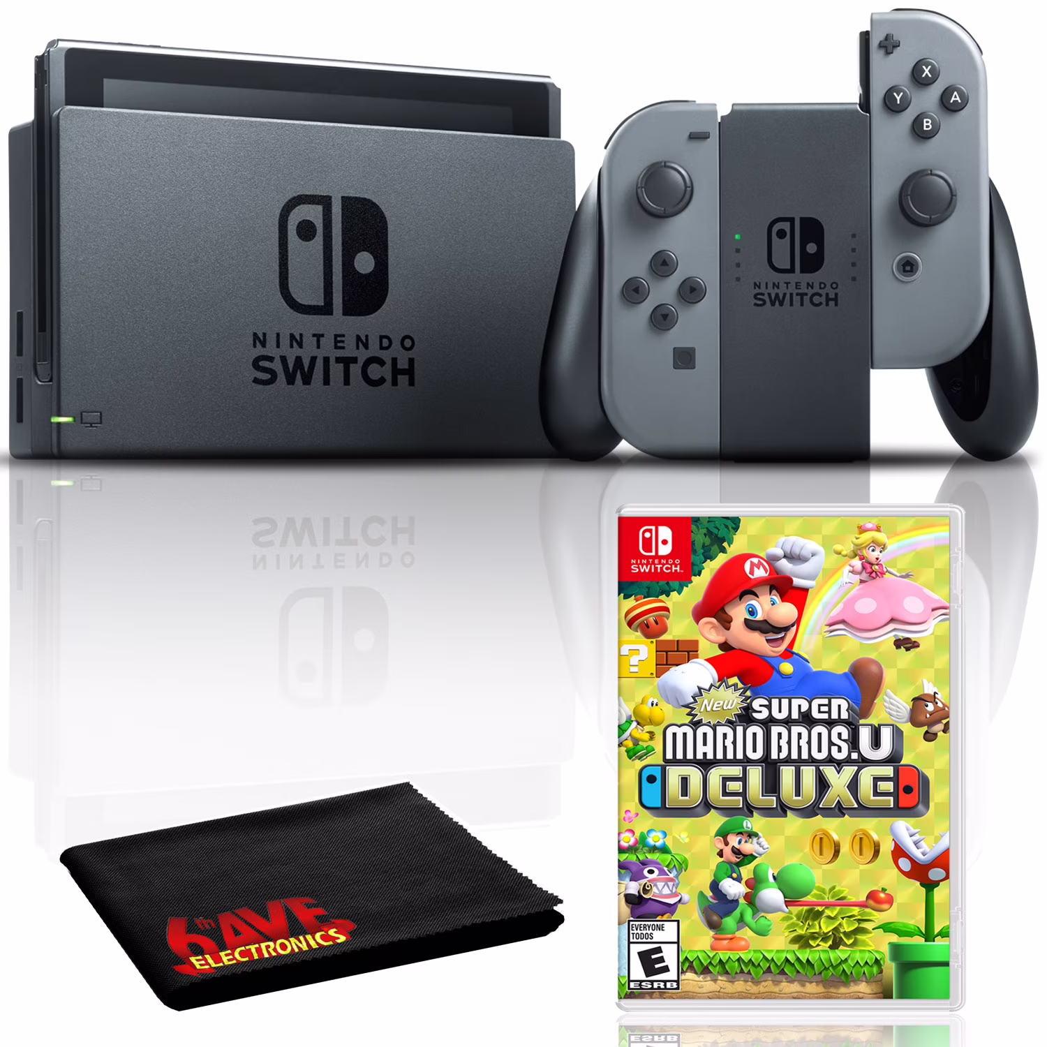 Nintendo Switch (Gray) Bundle with New Super Mario Bros U Deluxe + 6Ave Cloth