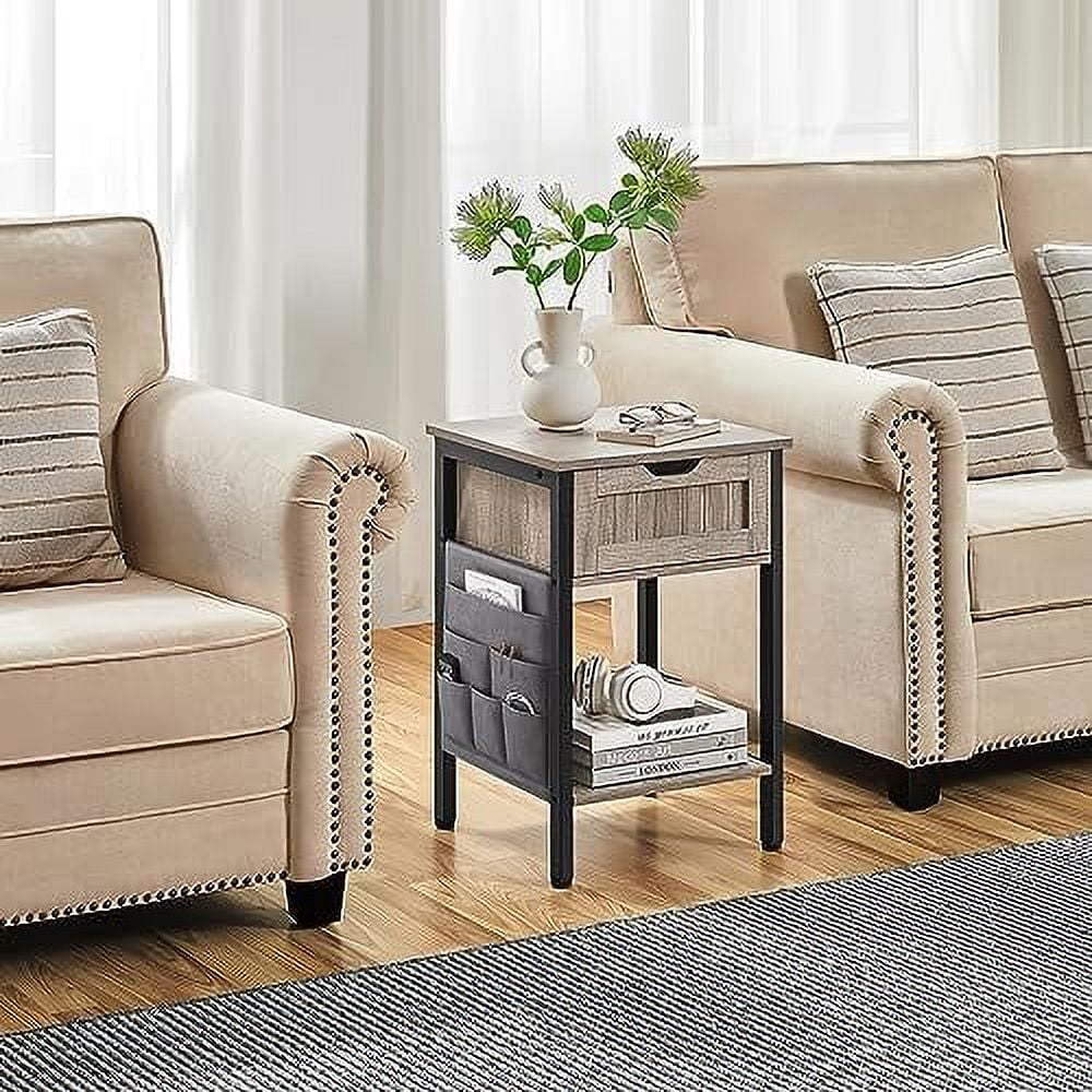 KBANZIBIU Nightstands Set of 2  Bedside Tables with Top Drawer and Open    Steel Frame Bedside Cabinet Units with Removable Fabric Bag for Bedroom Living Room  Gray