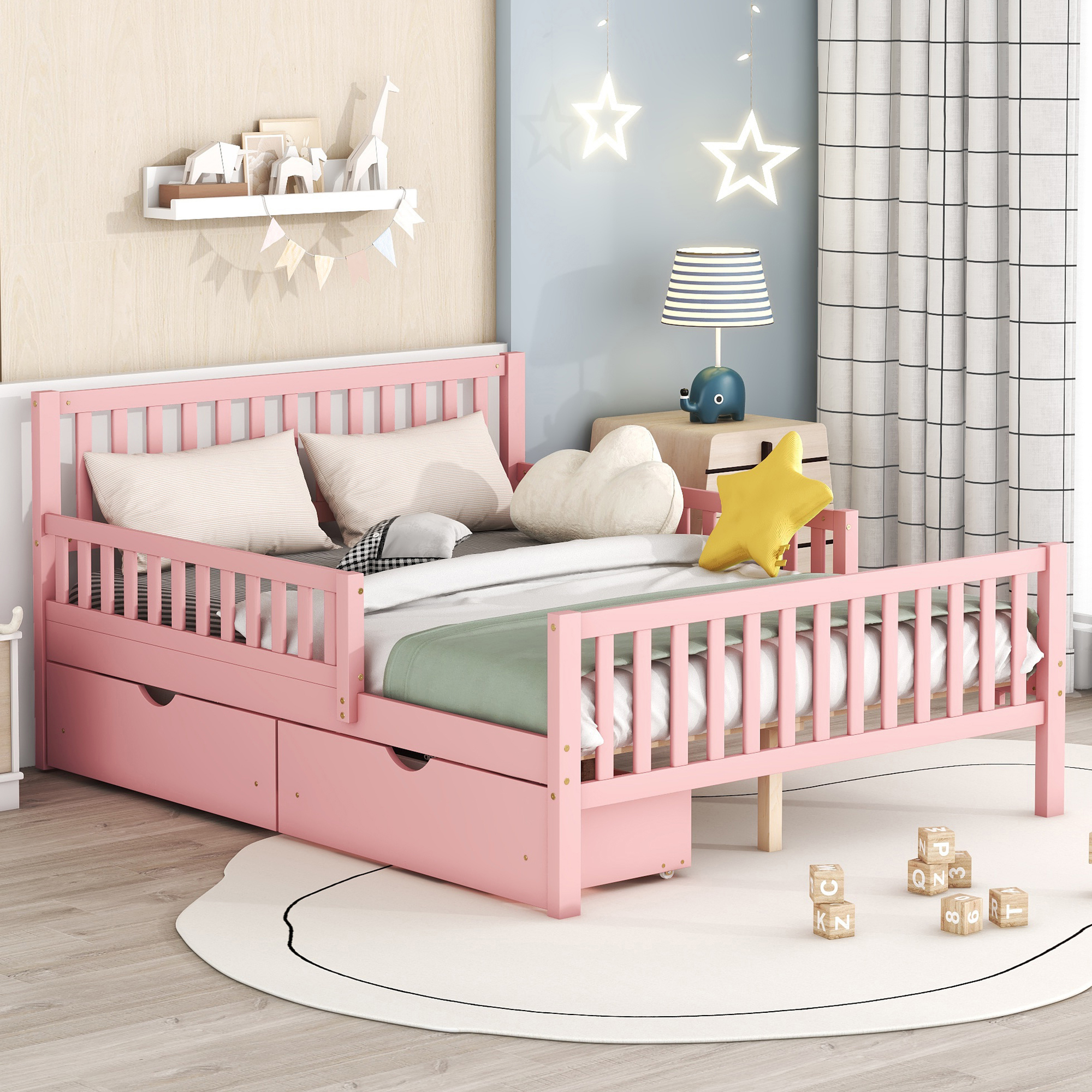 uhomepro Queen Bed Frame with 2 Storage Drawers, Platform Bed Frame with Guardrail, Full Size Bed Frame with Headboard and Footboard, Bed Frames for Kids, Adults, Bedroom Furniture, Pink