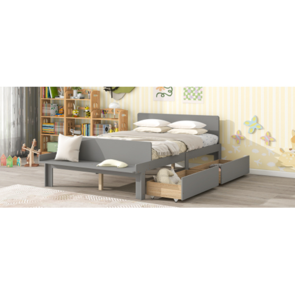 Full Bed with Footboard Bench,2 drawers,Gray