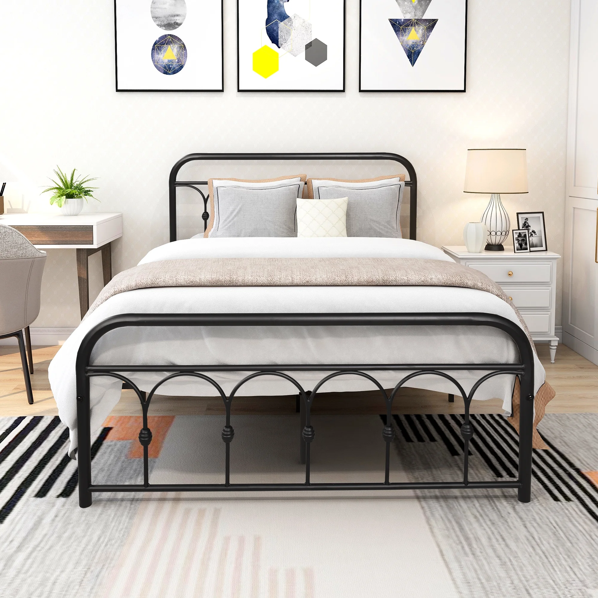 paproos Full Platform Steel Bed, Full Size Metal Bed with Headboard and Footboard, No Box Spring Need, Black