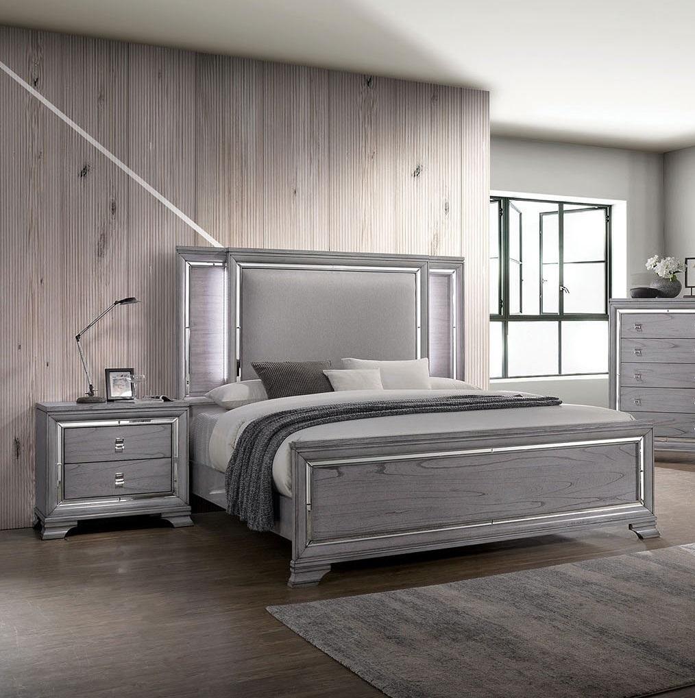 Contemporary Light Gray Solid Wood Queen Bedroom Set 3pcs FOA CM7579 Alanis