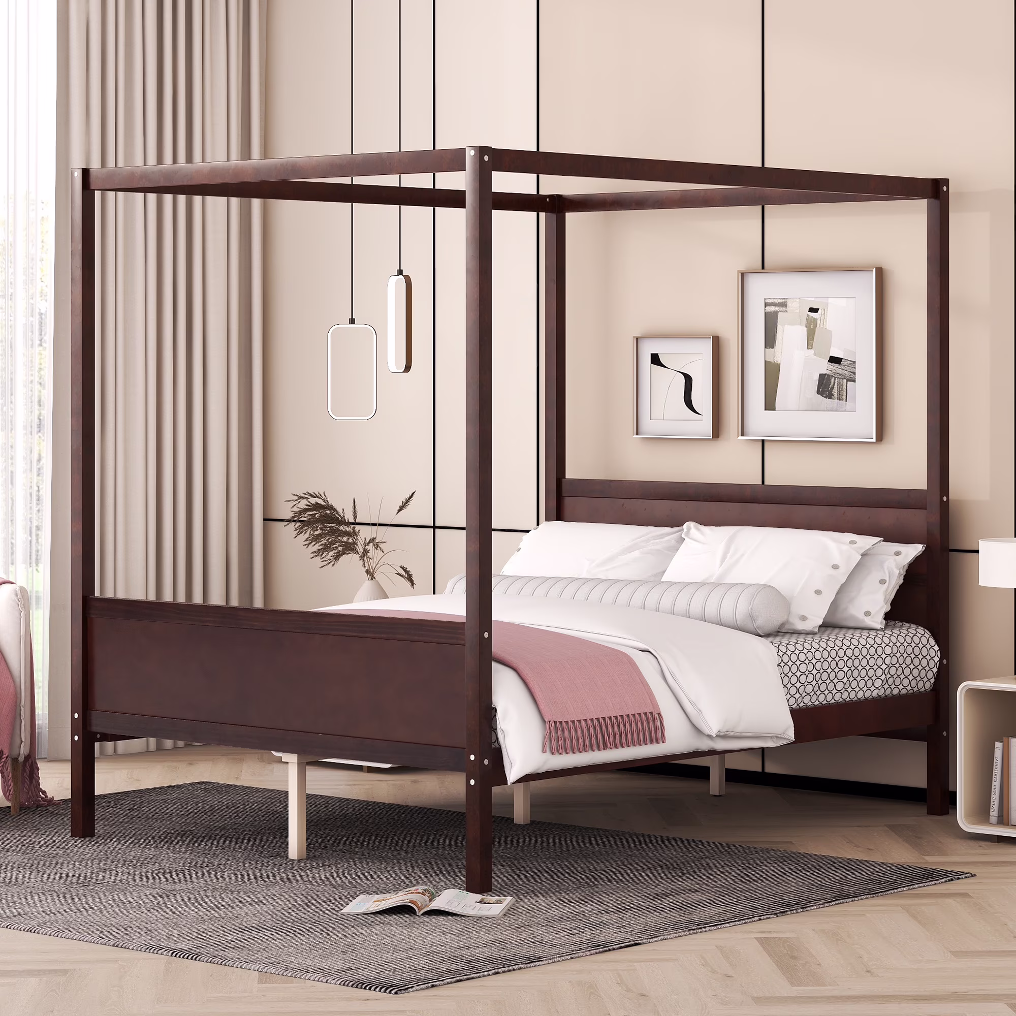 Queen Size Canopy Bed Frame-Canopy Platform Bed with Headboard, Footboard, and Slat Support Leg-Espresso