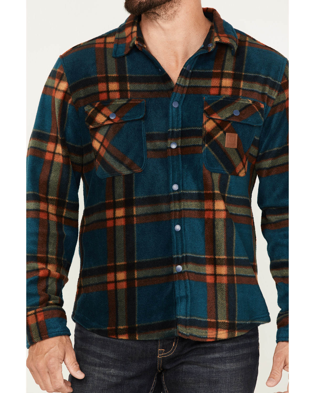 Brixton Men's Plaid Print Bowery Long Sleeve Arctic Stretch Fleece Jacket Teal Small  US