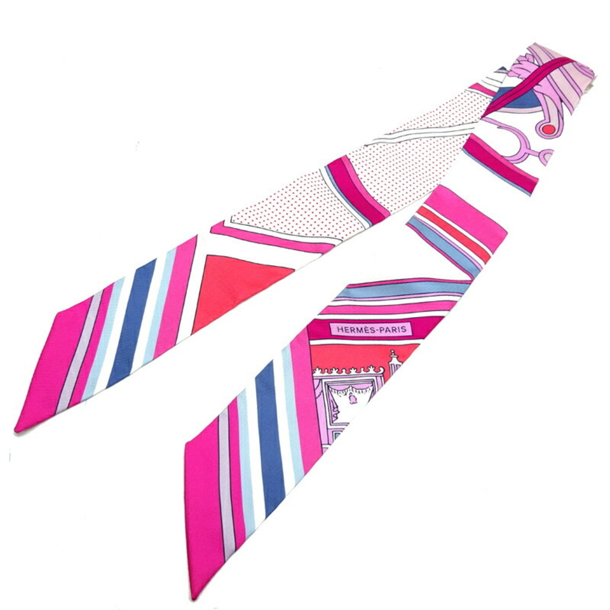 Pre-Owned Hermes Twilly Washington's Carriage Detail George Women's Scarf Muffler 100% Silk Multi (White x Rose Viff) (Like New)