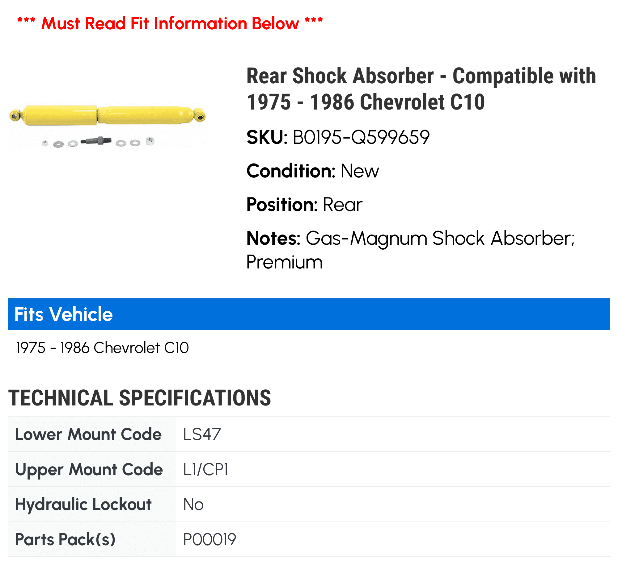 Rear Shock Absorber - Compatible with 1975 - 1986 Chevy C10 1976 1977 1978 1979 1980 1981 1982 1983 1984 1985