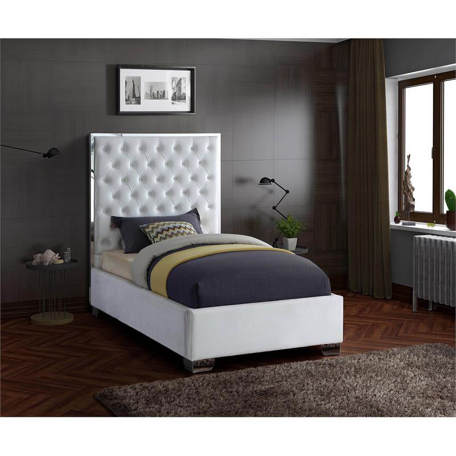 Maklaine 58.5''H x 44''W x 81.5''D Solid Wood and Velvet Twin Bed in White