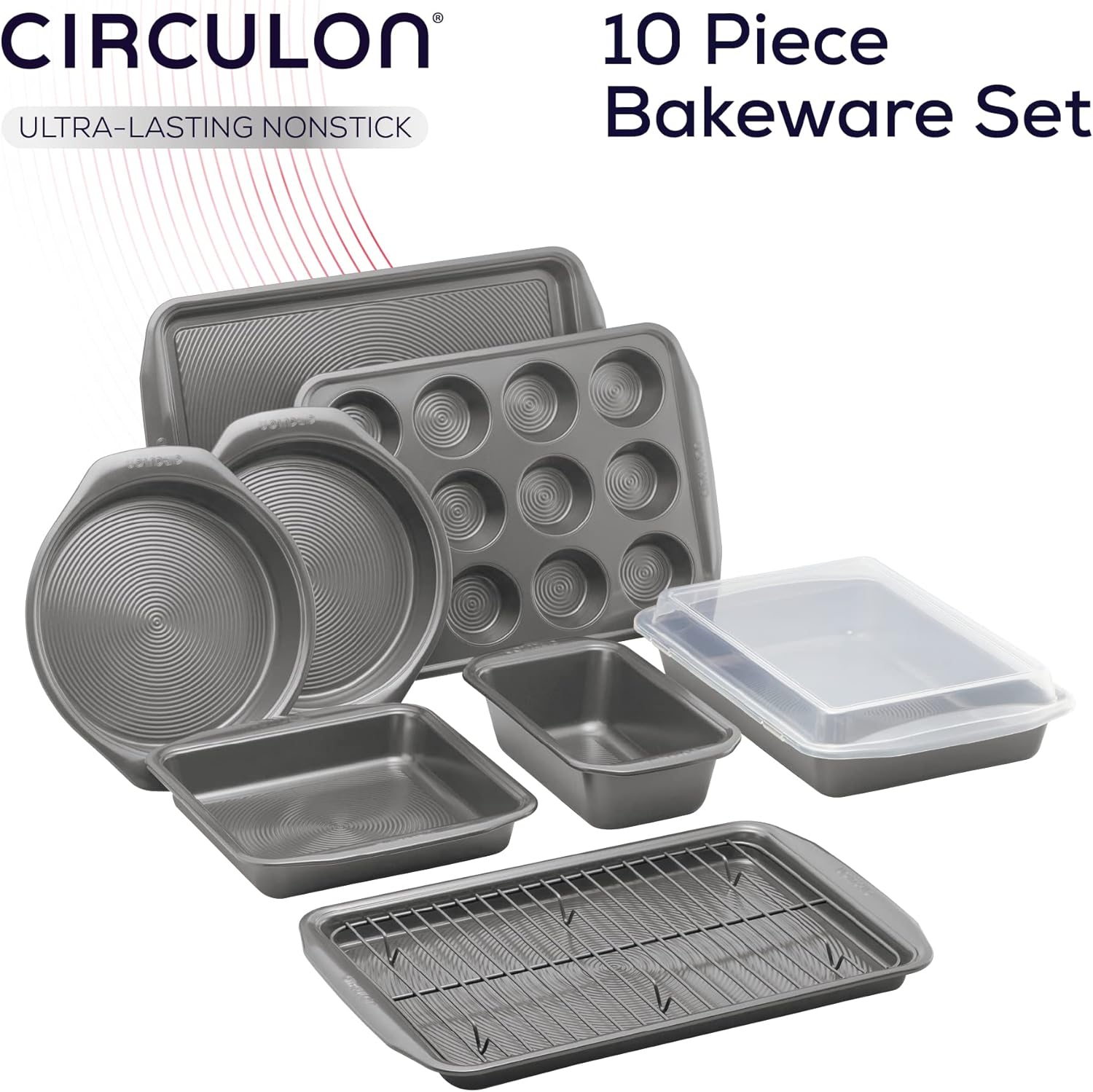 OUWI Momentum Non Stick Bakeware Set - 10 Piece Baking Set with Baking Trays, Cake Tins, Muffin Tray and Cooling Rack, Carbon Steel, Dishwasher Safe