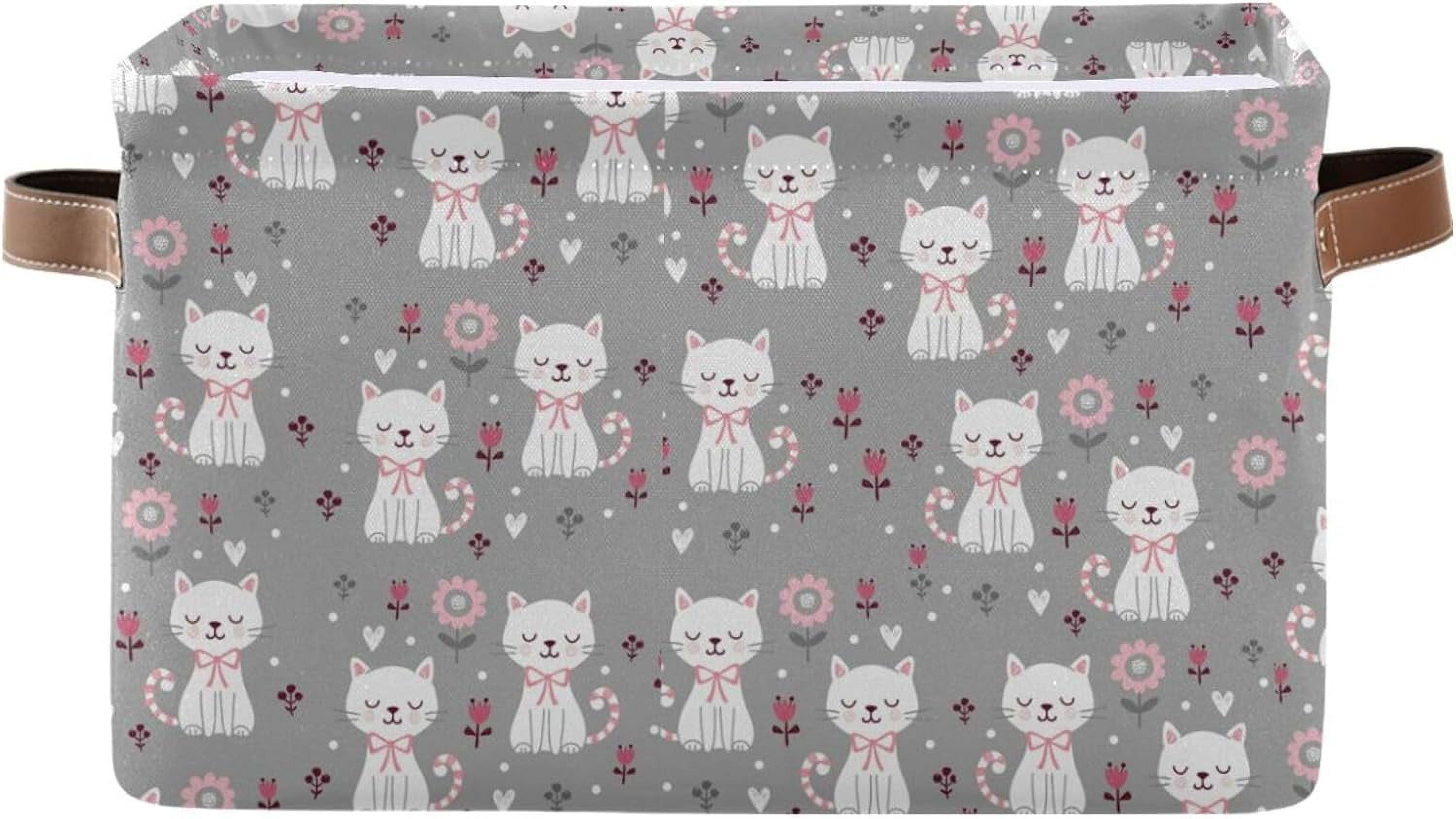 Hotbar 1 Pack Fabric Storage Basket Cute Cat Flower Closet Storage Bins with Handles Foldable Baskets for Shelves Toy Organizer Home Office