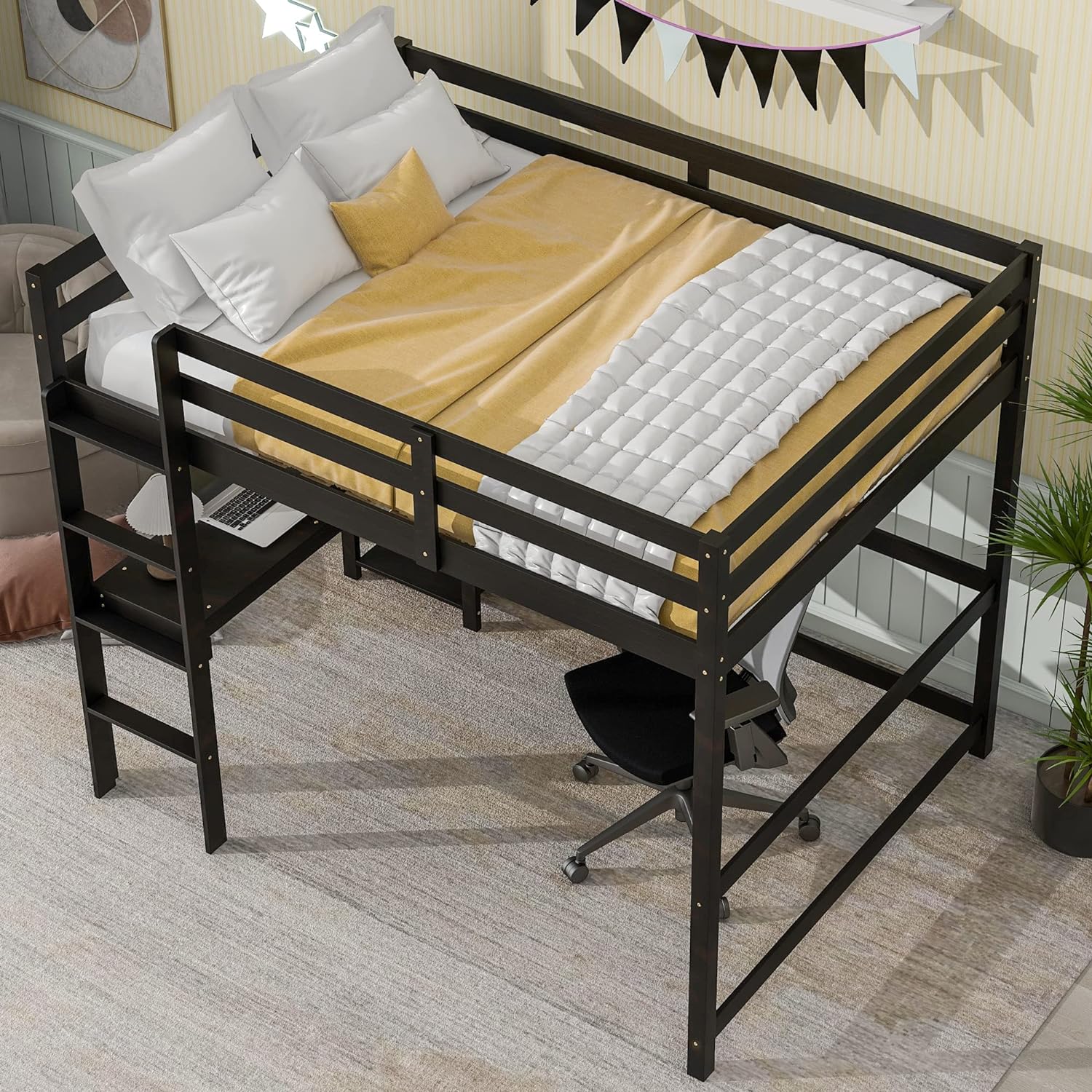 Full Size Loft Bed Frame With Desk, Solid Pine Wooden Loft Bed Full With Storage Shelf, Full Size Loft Bed For Boys, Girls, Kids, Teens, No Box Spring Needed (Espresso)