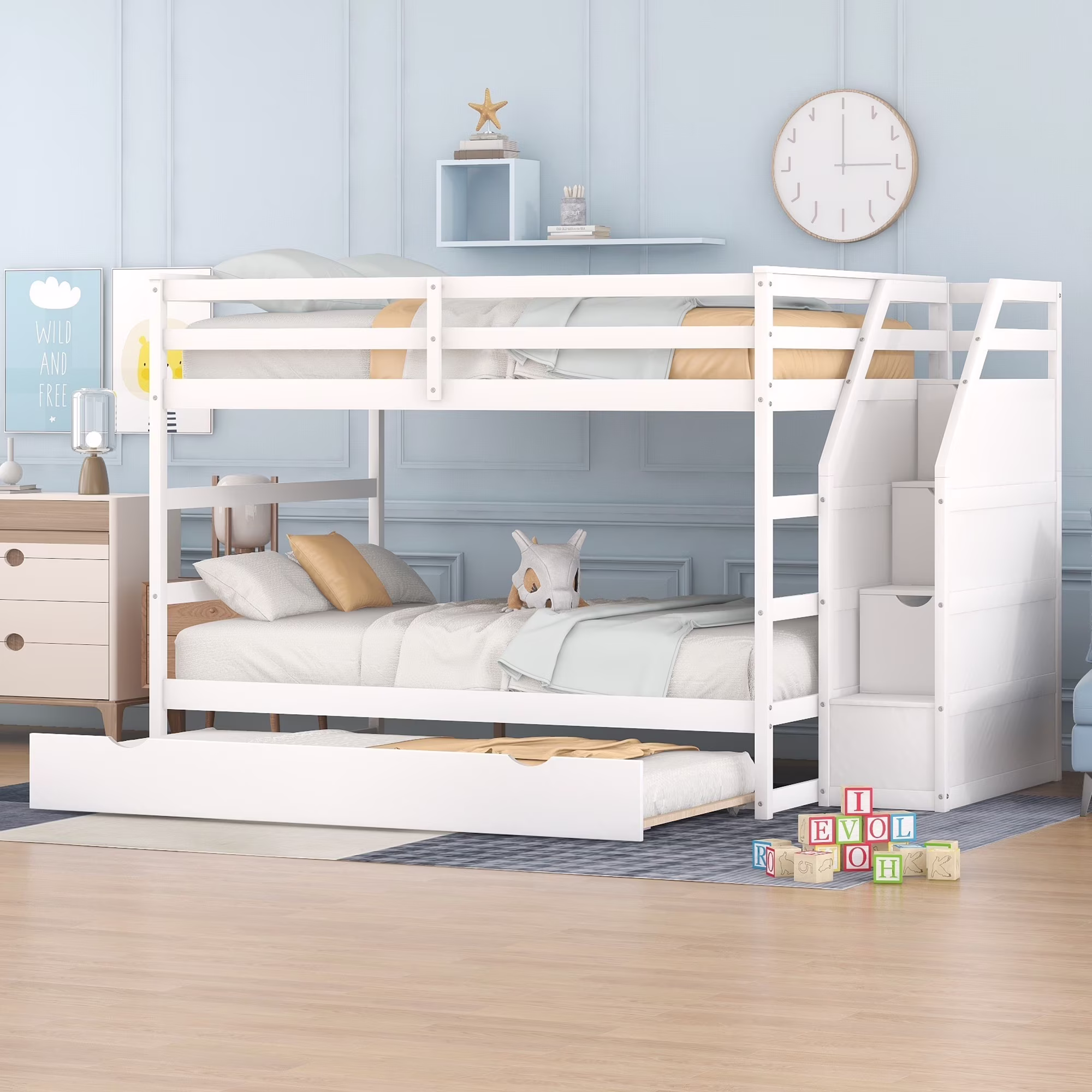 CoSoTower Full-over-Full Bunk Bed with Twin Size Trundle and 3 Storage Stairs, White