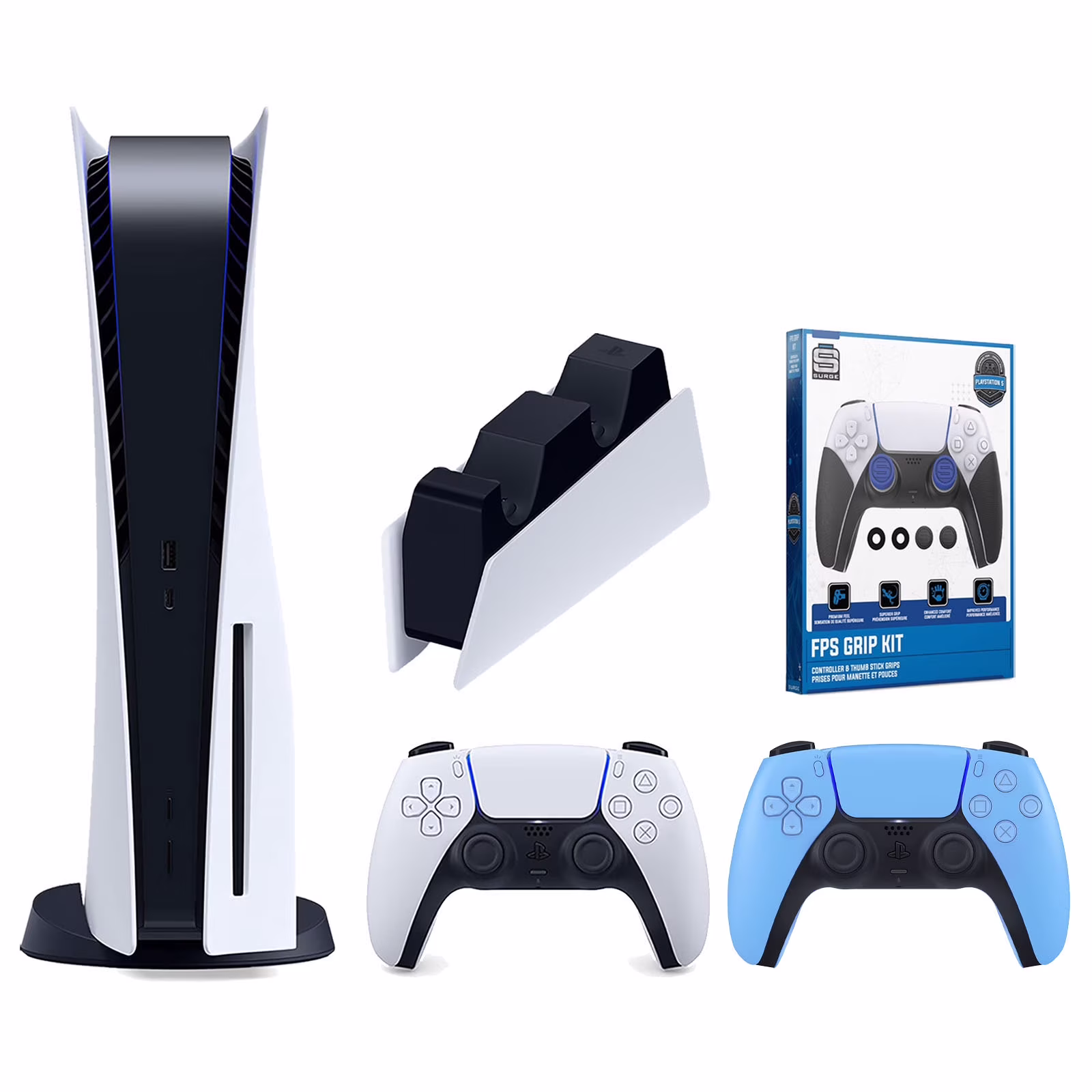 Sony Playstation 5 Disc Version Console with Extra Blue Controller, DualSense Charging Station and Surge FPS Grip Kit With Precision Aiming Rings Bundle