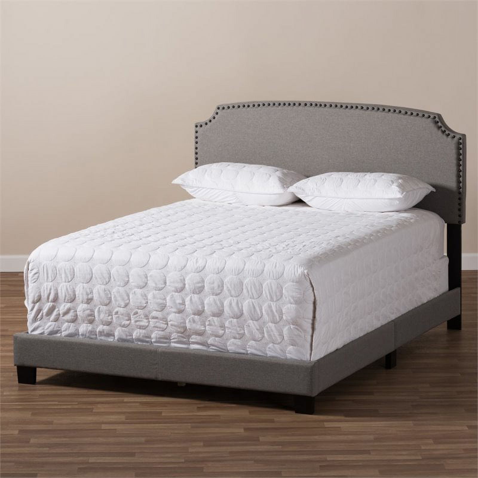 Bowery Hill Nailhead Upholstered Queen Bed in Light Grey
