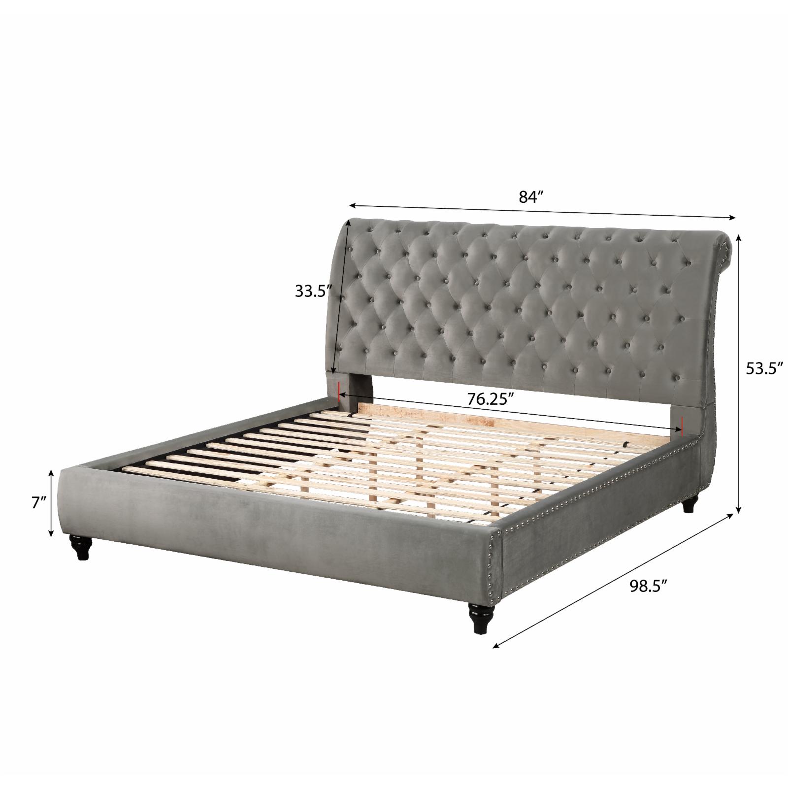 Roundhill Furniture Cerderia Velvet Tufted Nailhead Sleigh Bed - King