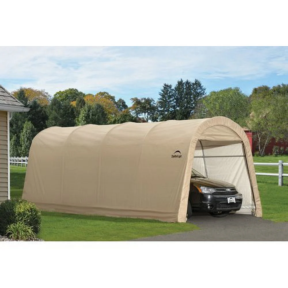 ShelterLogic AutoShelter Steel Instant Garage, 10 x 15 x 8 ft, Sandstone, Round