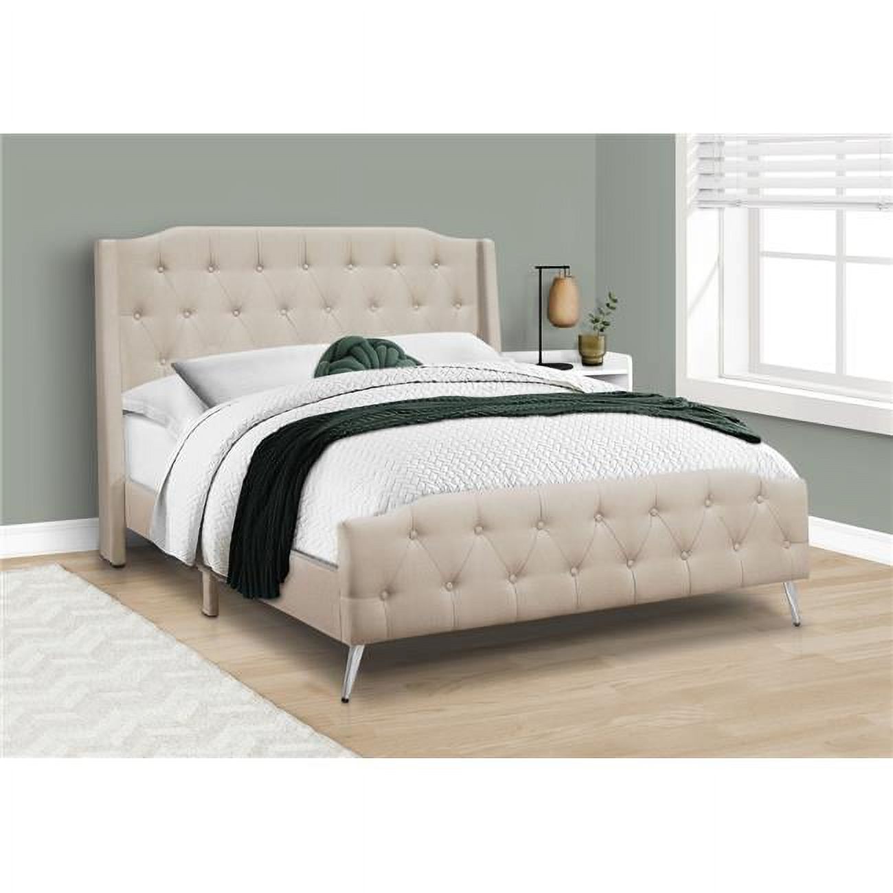 Beige Linen with Chrome Metal Legs Bed, Queen Size