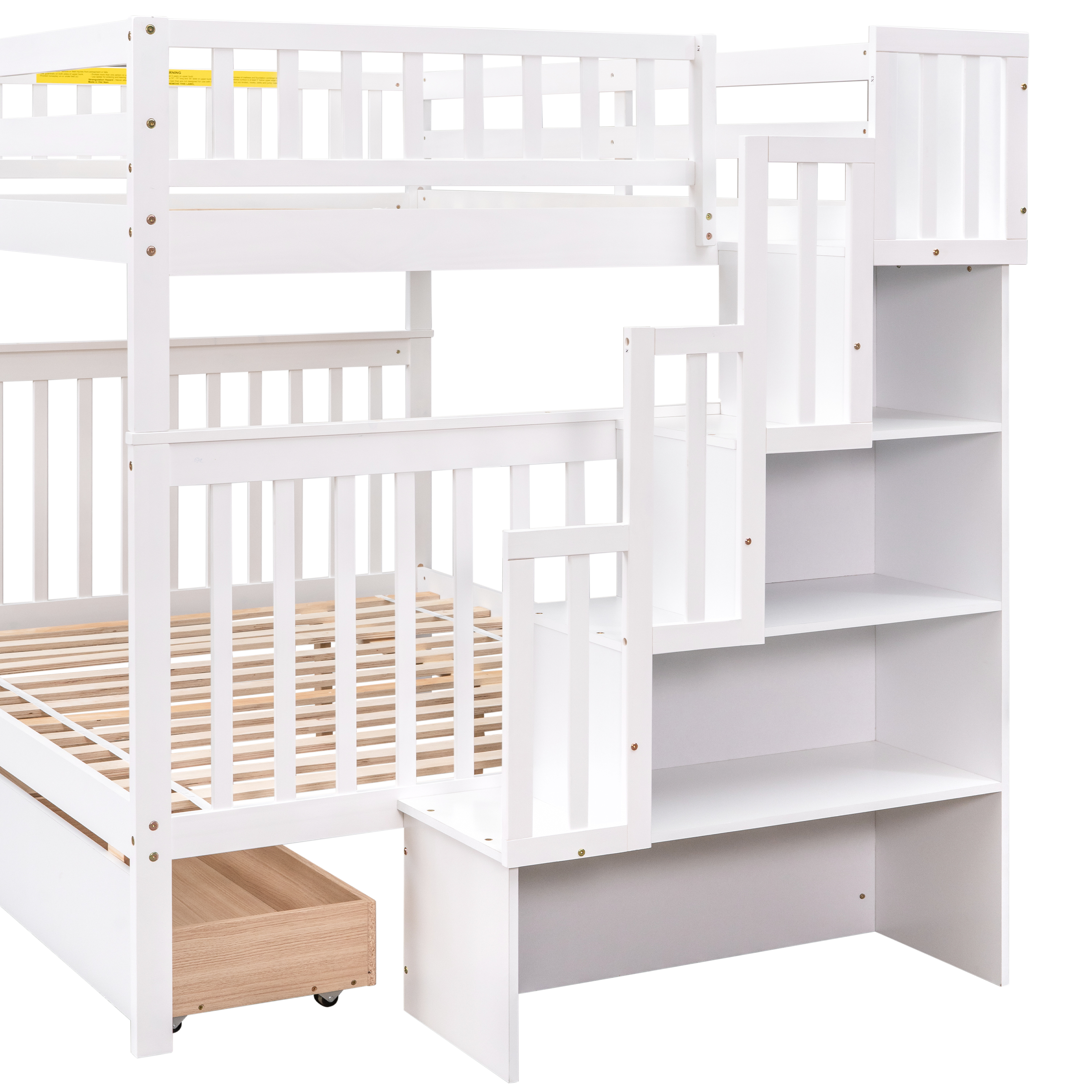 Bunk Bed with Stairs, Wooden Bunk Bed Frame with 6 Storage Drawers and Shelves, Removable Bunk Bed Without Box Spring (White)