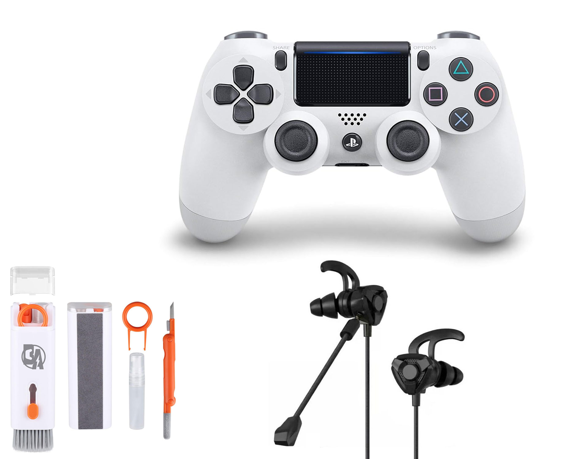 Sony Dual Shock White Gaming Controller PS4 Console With Black Gaming Buds + Cleaning Kit BOLT AXTION Bundle Like New