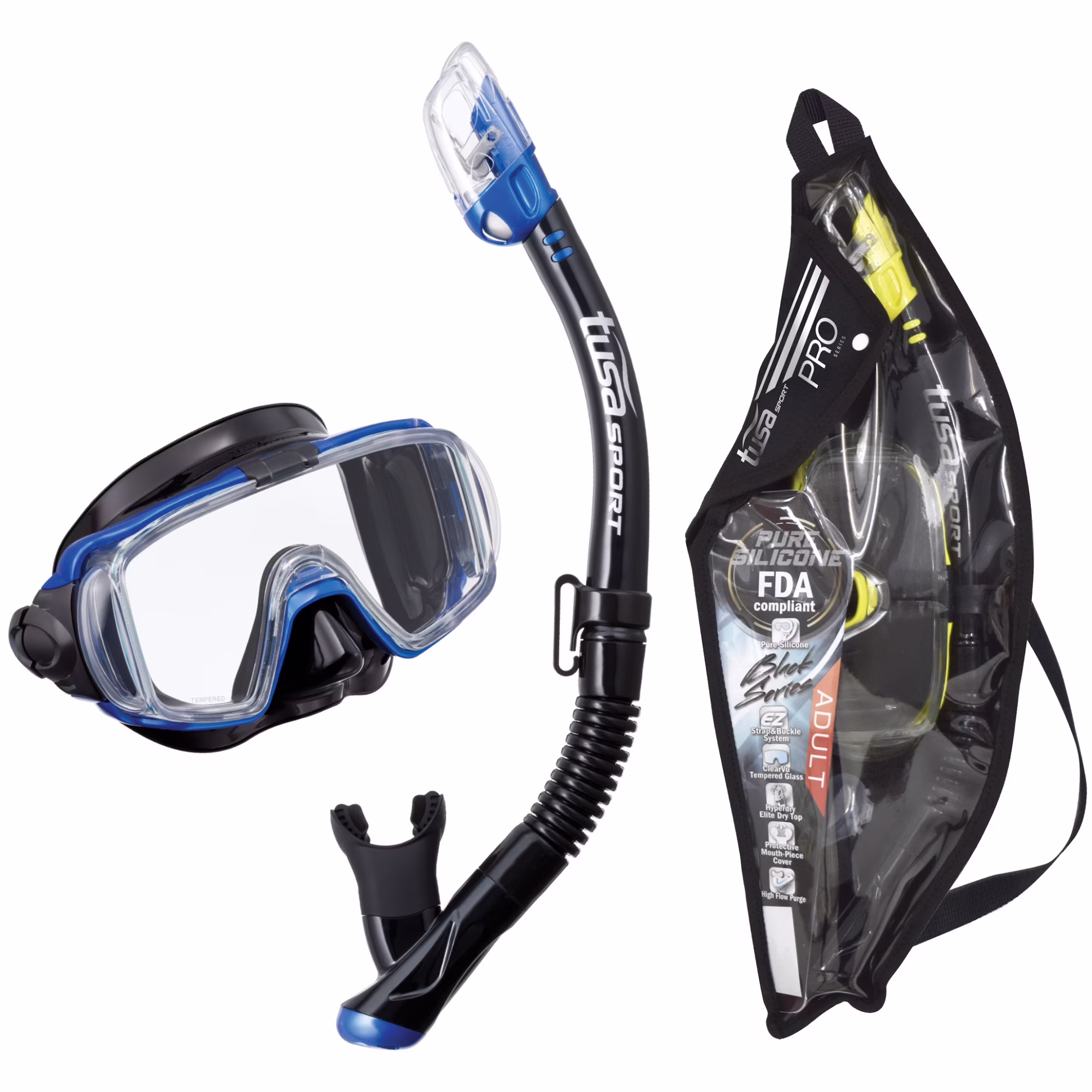 TUSA Sport Adult Visio Tri-Ex Black Series Mask and Dry Snorkel Combo, Black/Metallic Blue