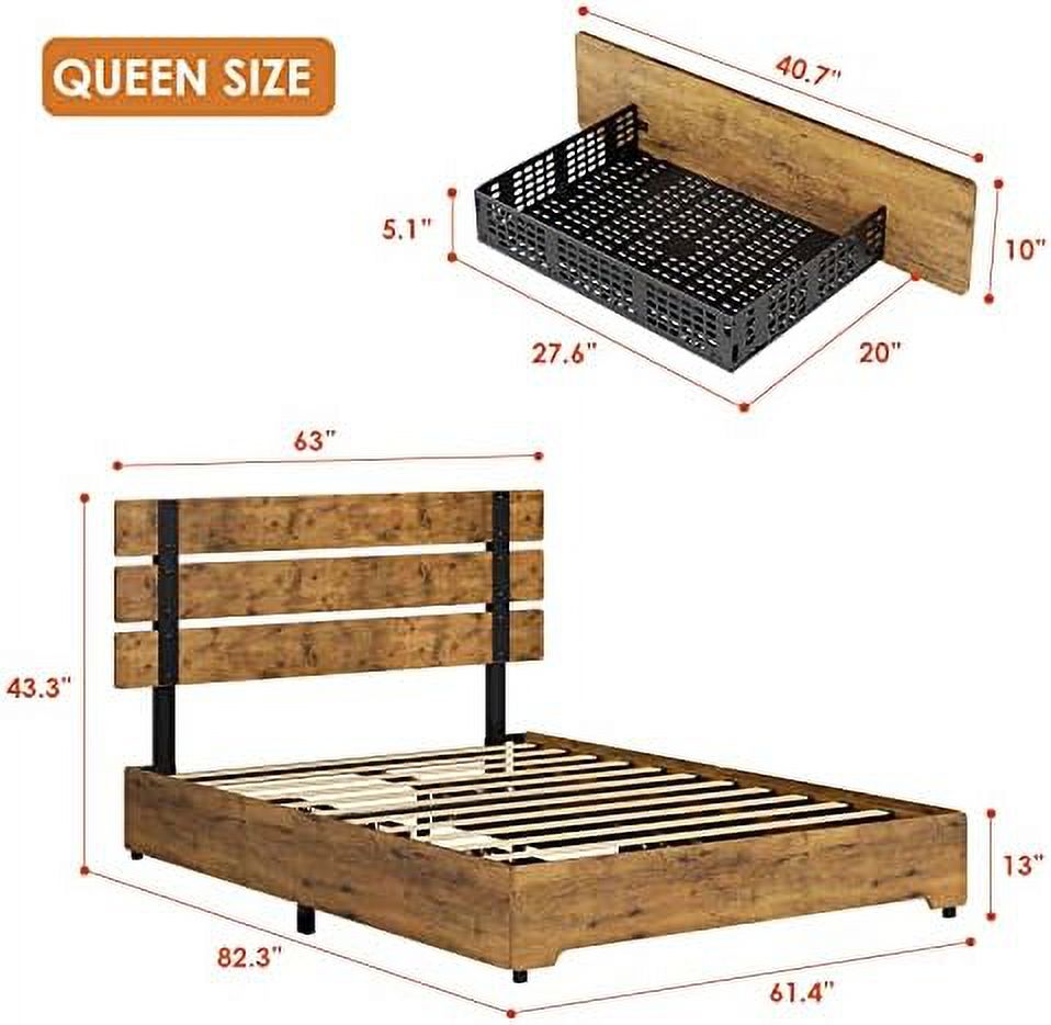 YZboomLife Queen Size Bed Frame with 4  Drawers Modern Industrial Headboard and Footboard  Metal Platform Bed Frame 12 Wood Slats Strong Mattress Foundation No Box Spring Needed Noise-Fre