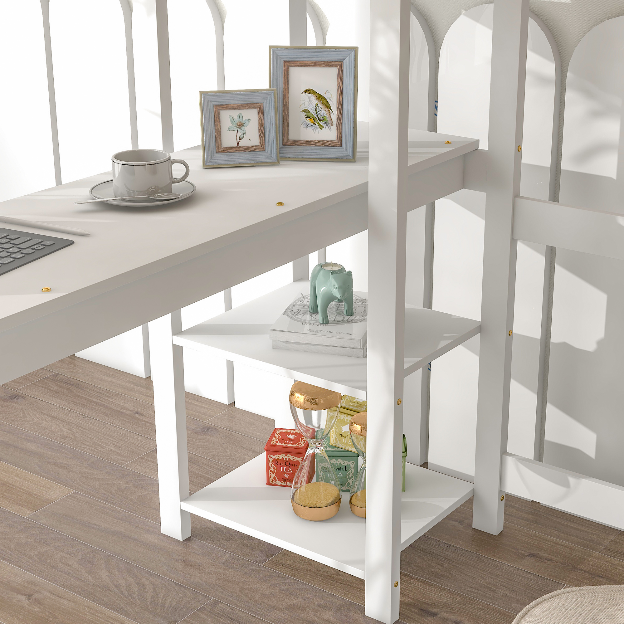 Docooler Full Loft Bed with Desk and Shelves,White