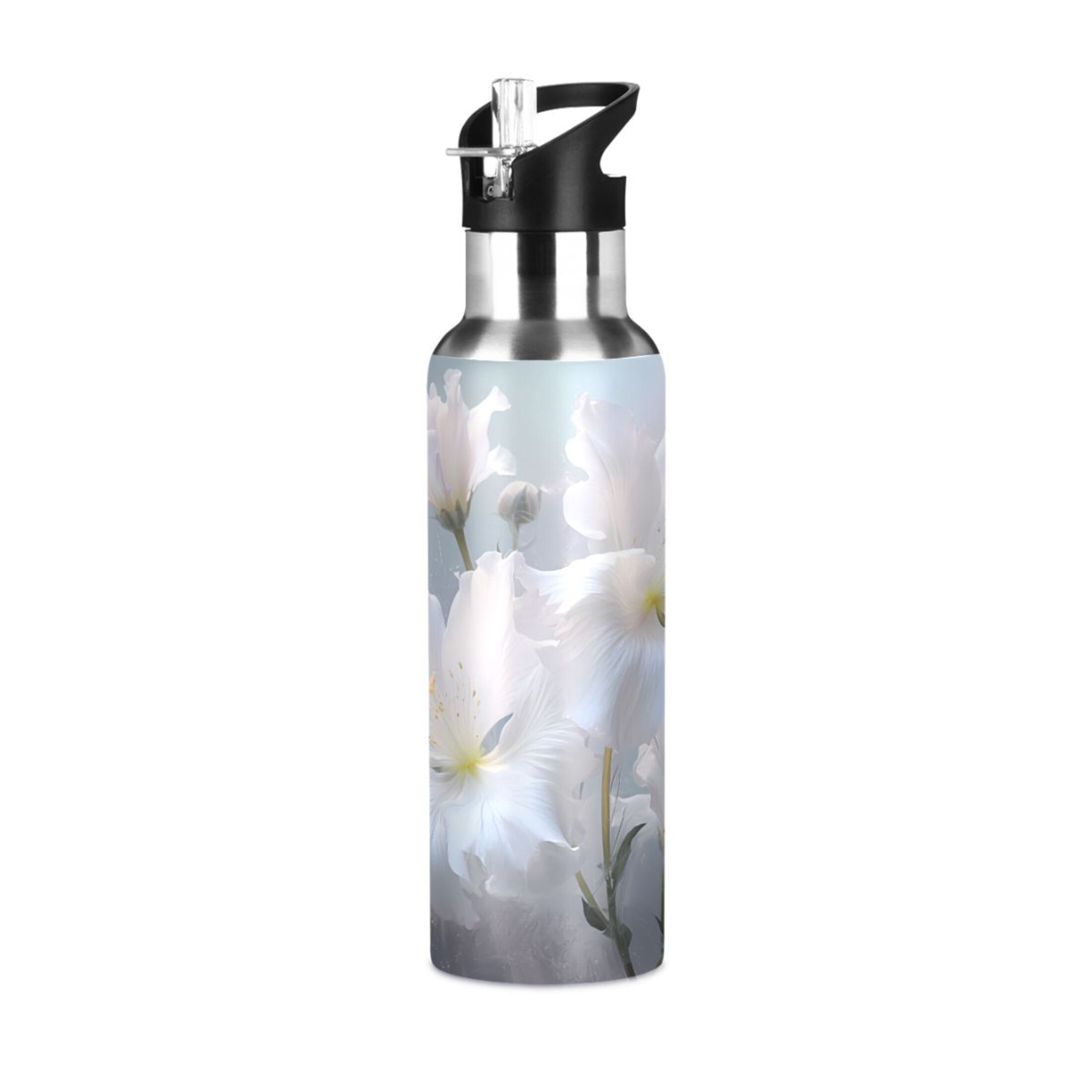 Water Bottle with Straw Lid Leak Lily White Flowers Floral Stainless Steel Insulated Thermos Vacuum Flask for Cold Hot Drinking for Sports Camping Gym Yoga