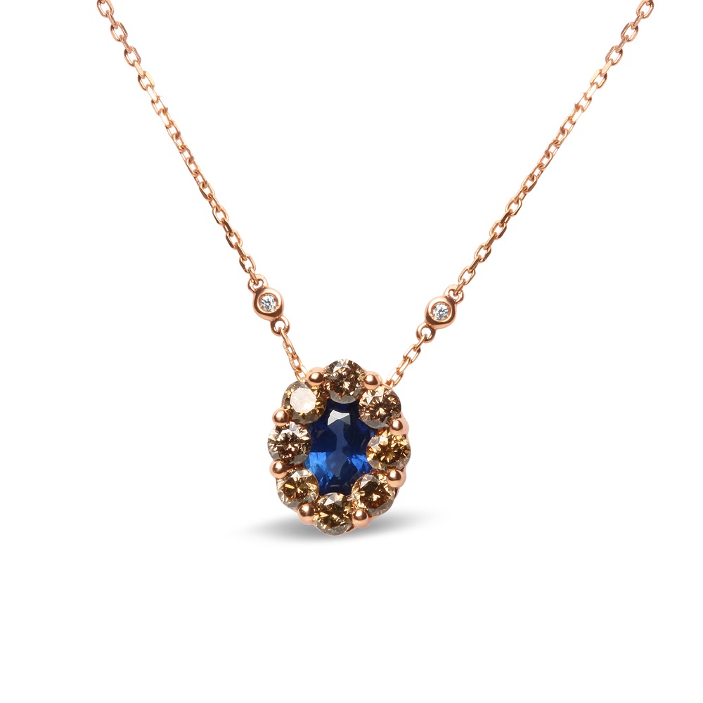 18K Rose Gold 5/8 Cttw White & Brown Diamond Accent and 7 x 4mm Oval Blue Sapphire Gemstone Statement Halo Cluster Pendant Necklace (Brown & G-H Color, SI1-SI2 Clarity) - Adjustable up to 16