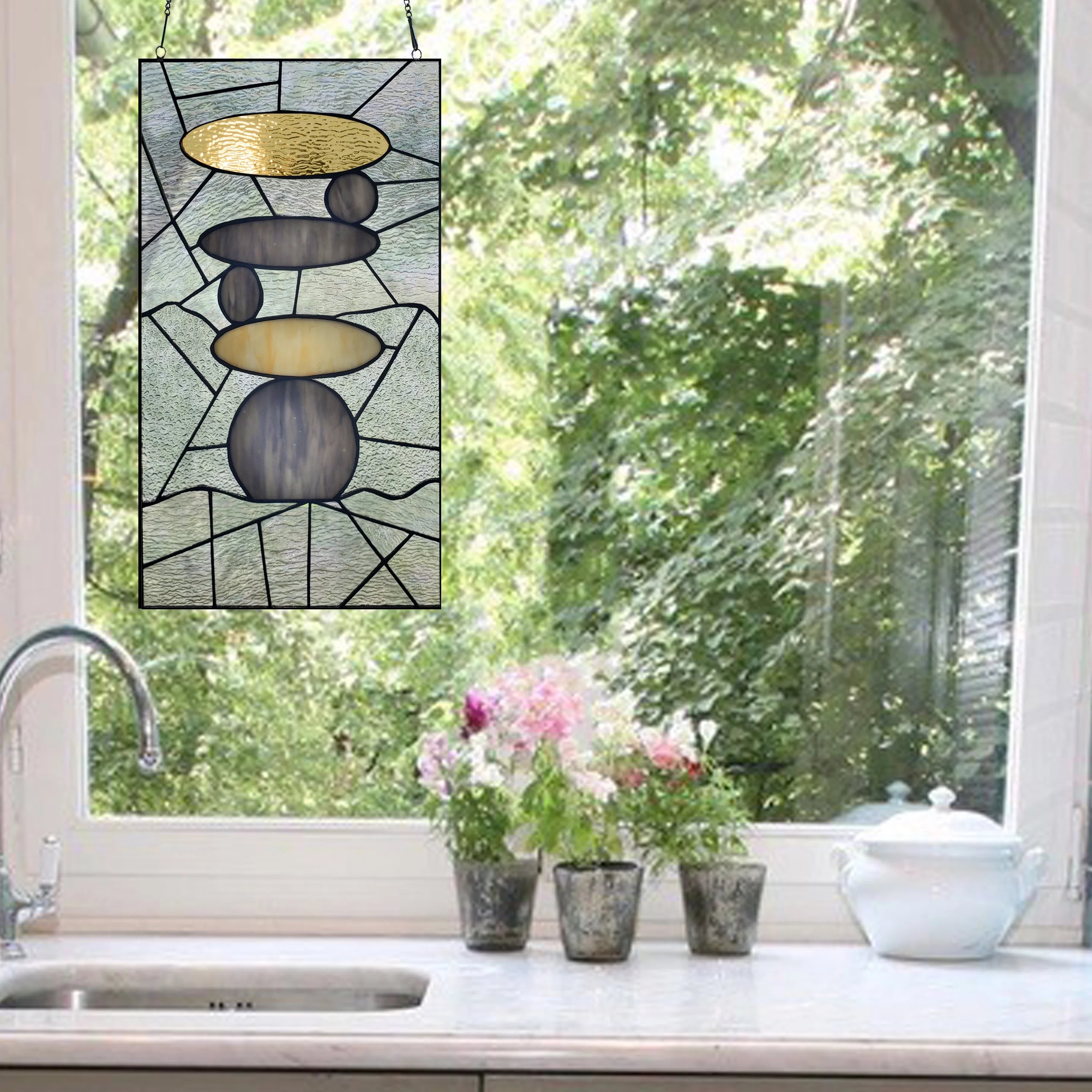 River of Goods 18 in. Zen Stone Garden Stained Glass Window Panel in Grey
