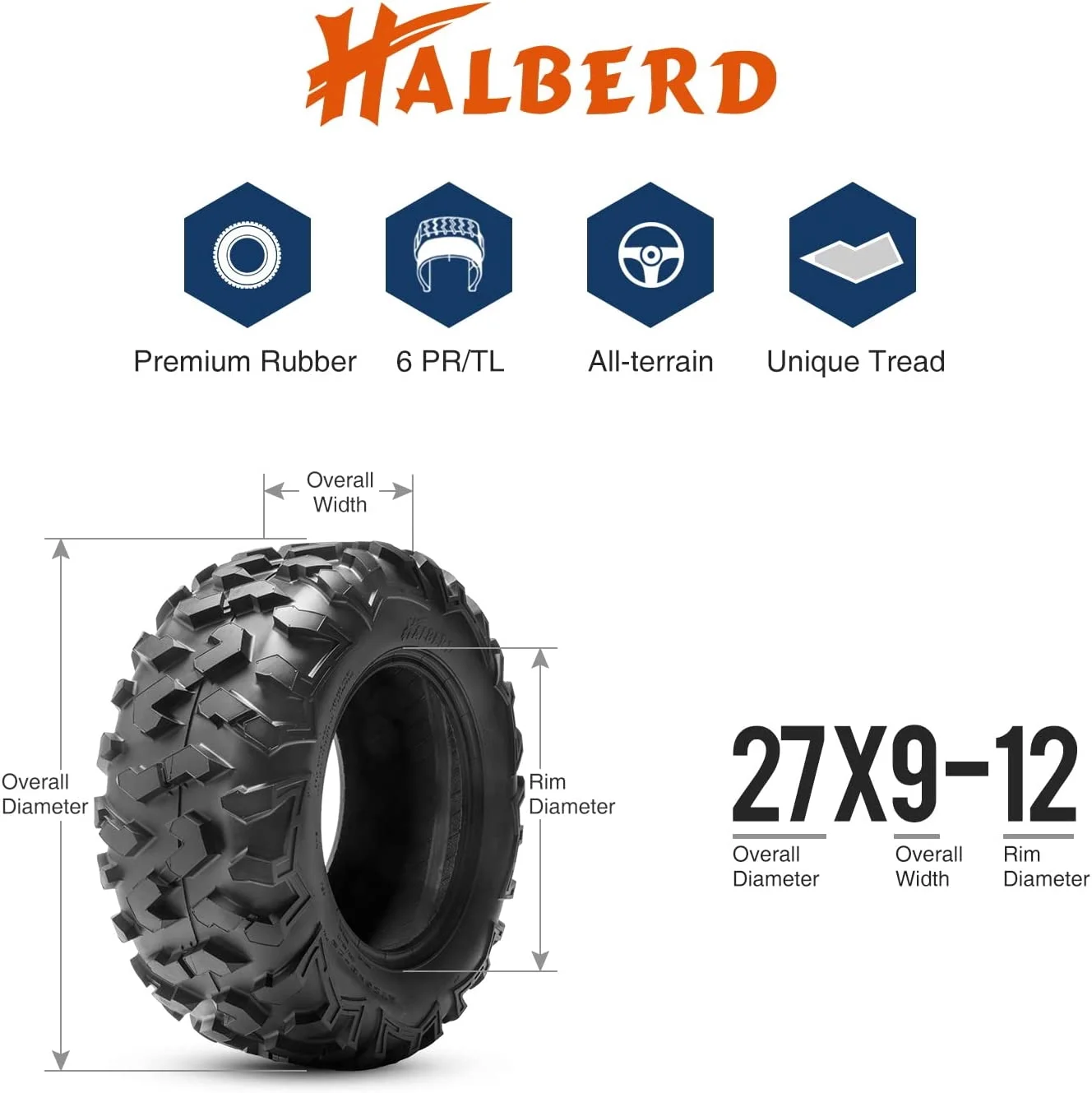 HALBERD 6PLY 27x9-12 ATV Tires 27x9x12 All Terrain Trail Sand UTV Off-Road Tires  (20mm Tread Depth Tubeless)