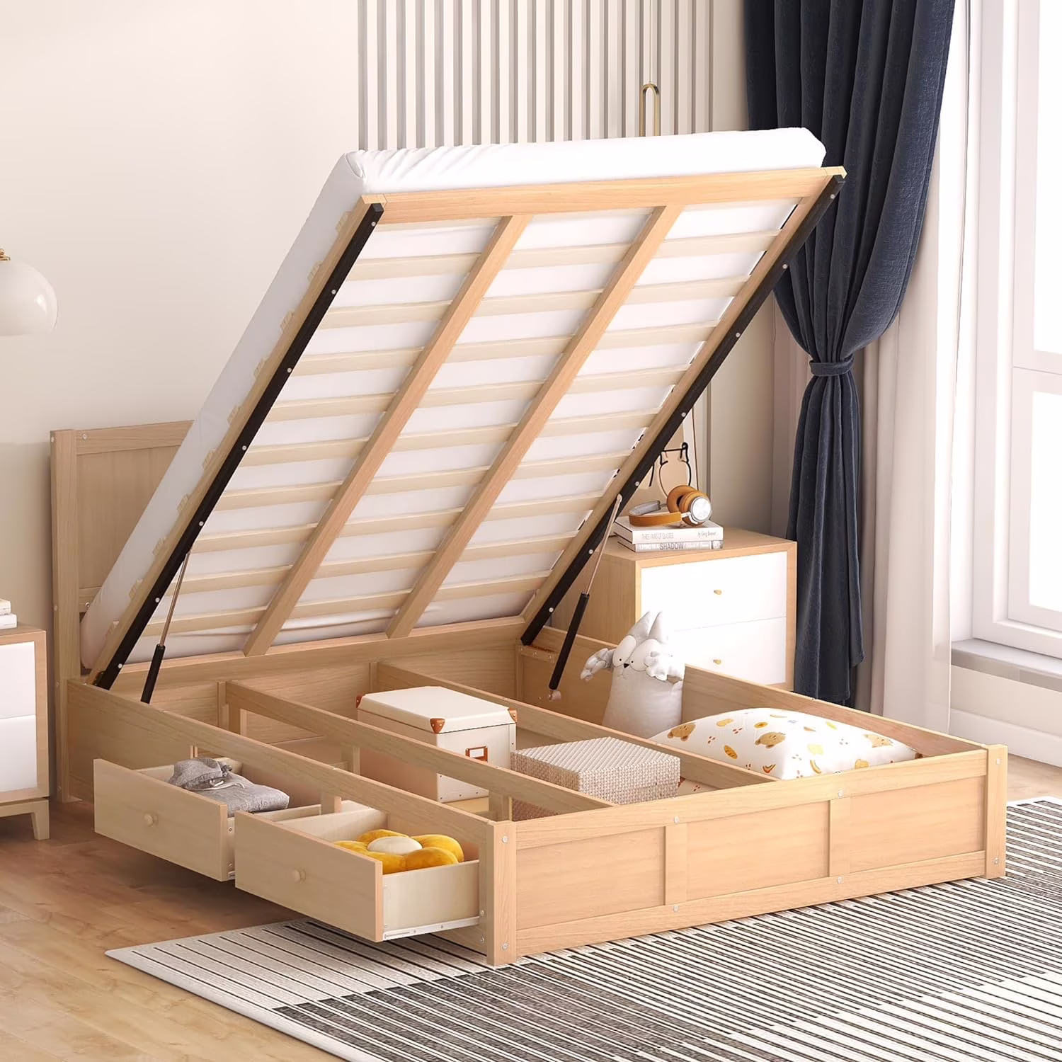 Full Size Bed With Storage Underneath, Lift Up Storage Bed Frame With Headboard, Wooden Full Platform Bed With 2 Drawers, No Box Spring Needed, Easy Assembly - Natural