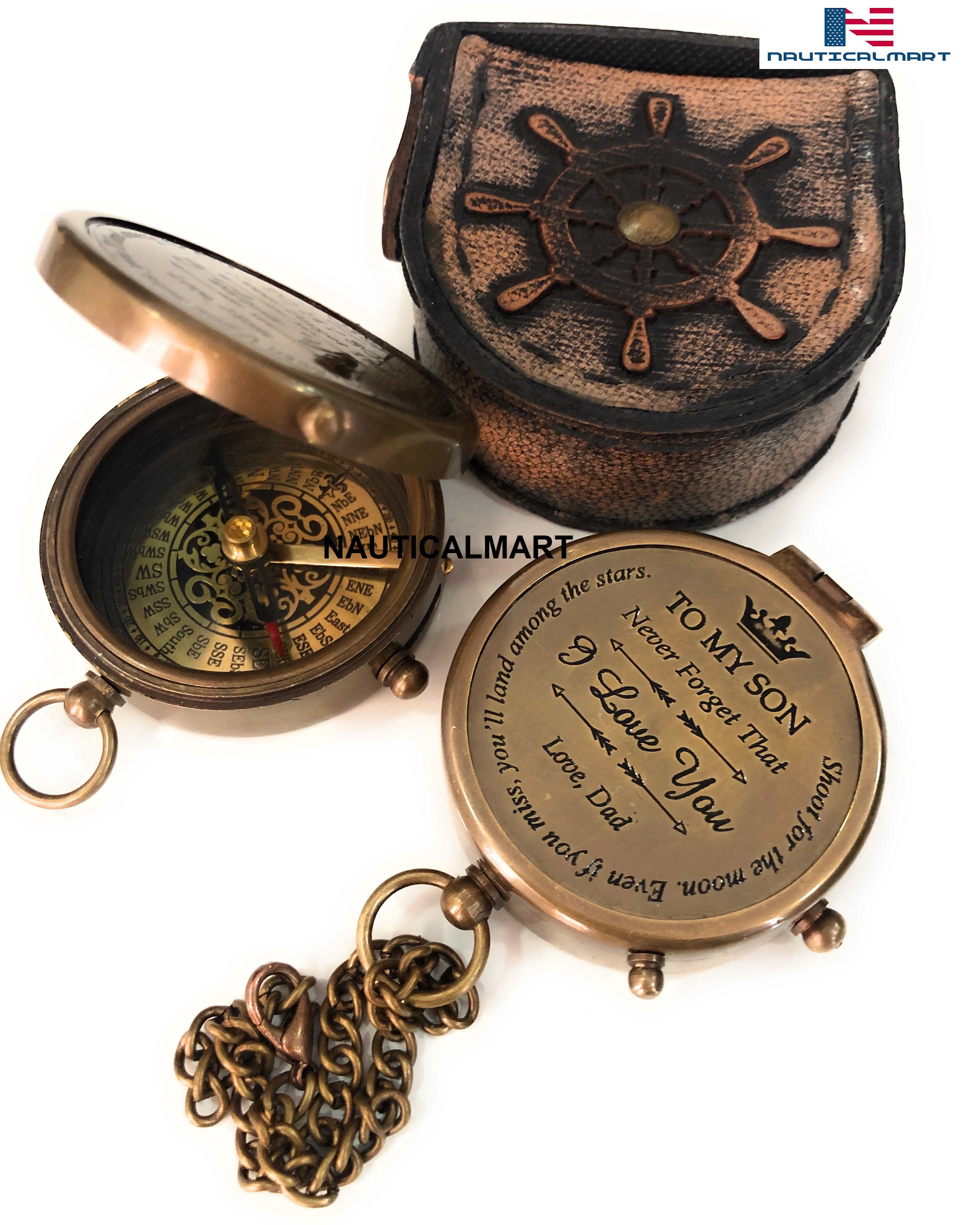 NauticalMart Brass Compass Gift to My Son/Nautical Gift for Son from Dad/Gift for Son,Father Son Gift,Mother Son Gift,Love Mom with leather case