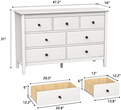 White Dresser 7 Drawer Dresser for Bedroom  White Dresser with Black Knobs  Dresser Chest of Drawers for Office   Room