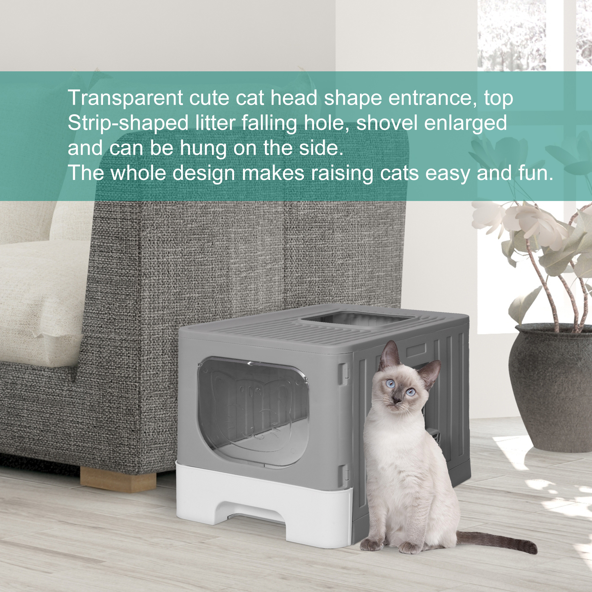 Large Cat Litter Box with Lid, High-Sided Top Front Entry Cat Litter Pan with Scoop for Indoor Big Cats, Hooded Enclosed Cat Box Anti-Splashing, with Easy-Clean Drawer, Grey&White