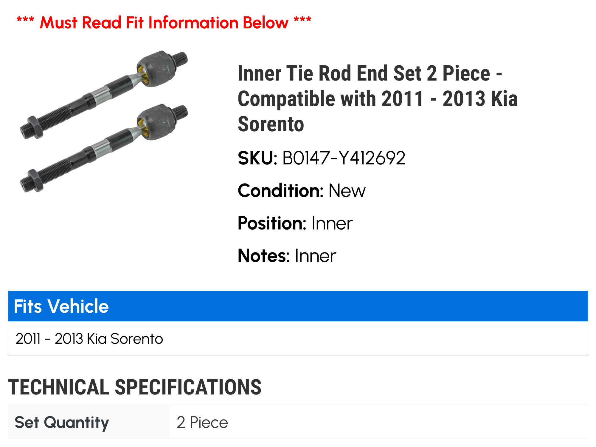 Inner Tie Rod End Set 2 Piece - Compatible with 2011 - 2013 Kia Sorento 2012
