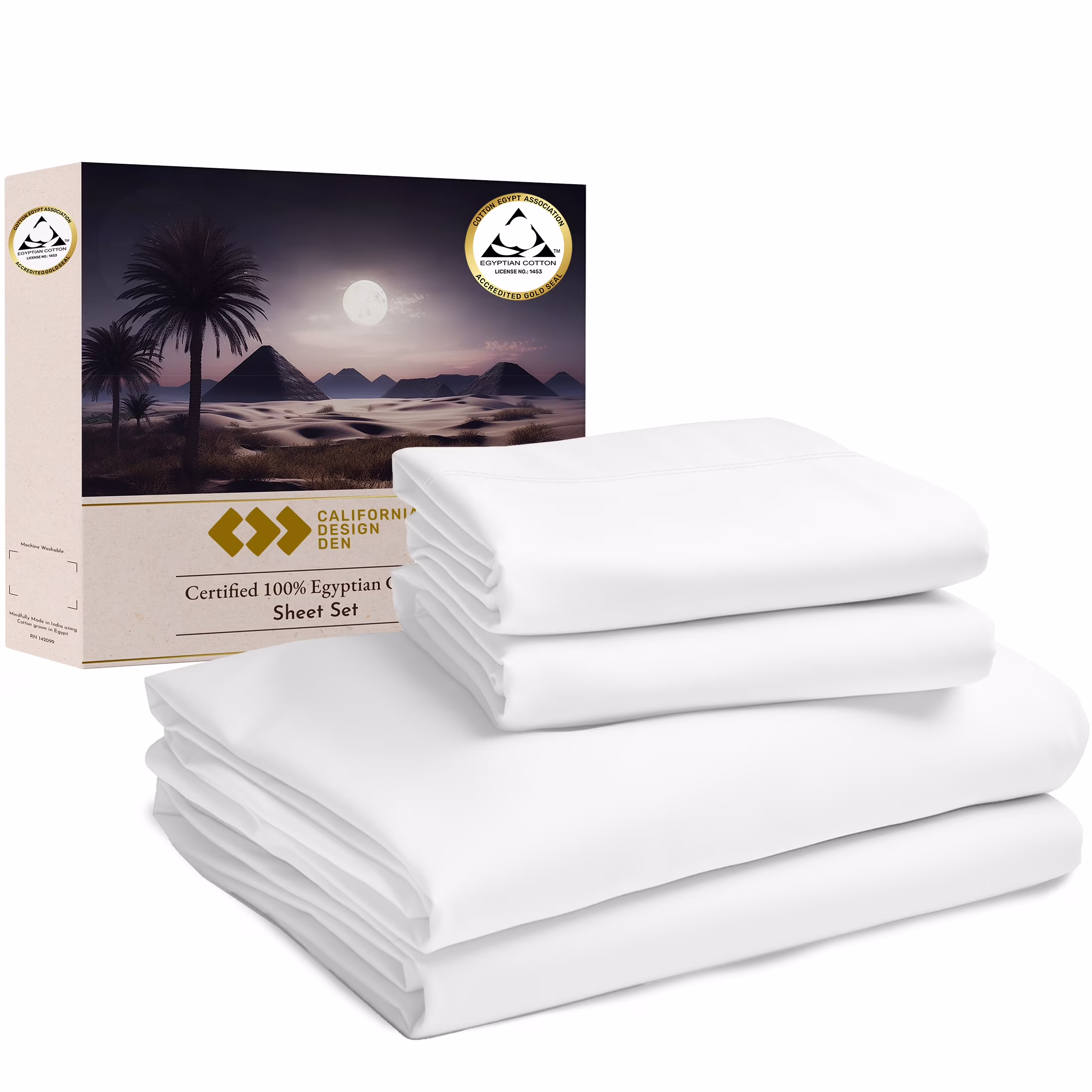 California Design Den Certified 100% Egyptian Cotton Queen Sheets, Luxury Cotton Bed Sheets, 4 Piece Bedding Sheets & Pillowcases Set with Deep Pocket, Sateen Cooling Sheets, Bright White