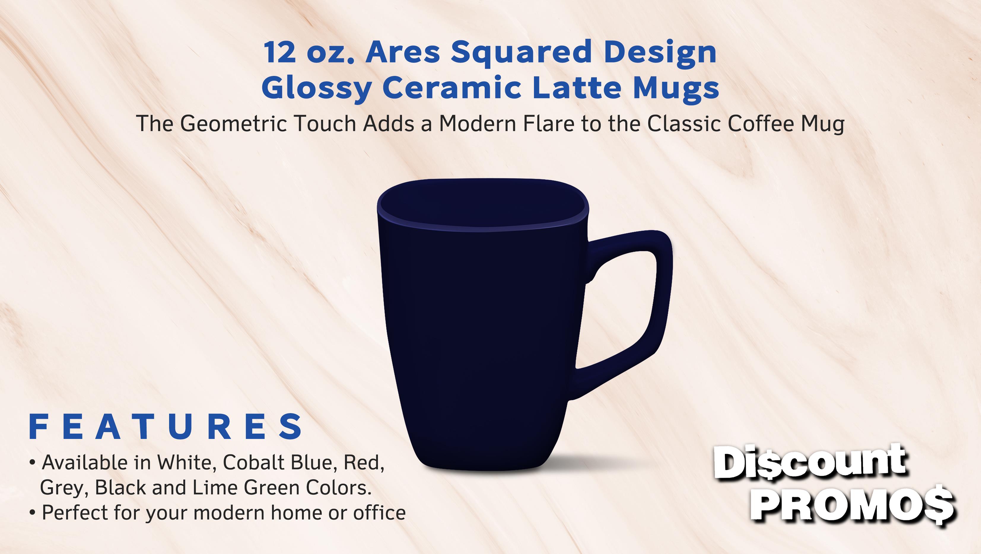 10 Ares Glossy Ceramic Latte Mugs Set, 12 oz. - Stoneware, Glossy, Durable, C-handle - Cobalt Blue