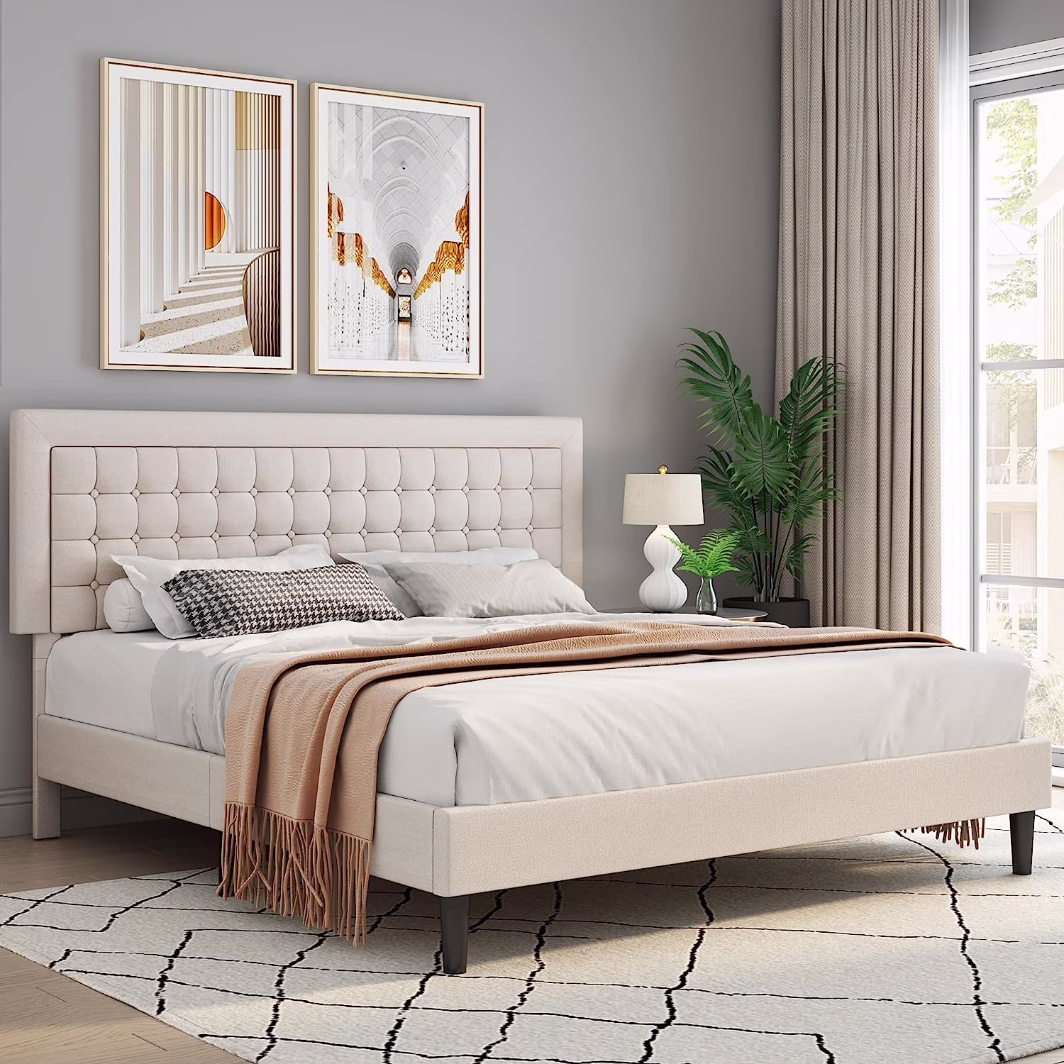Popular HIFIT Queen Bed Frame  Button Tufted Upholstered Platform with Adjustable Headboard  Mattress Foundation with Sturdy Frame  No Box Spring Needed  Easy Assembly  Beige