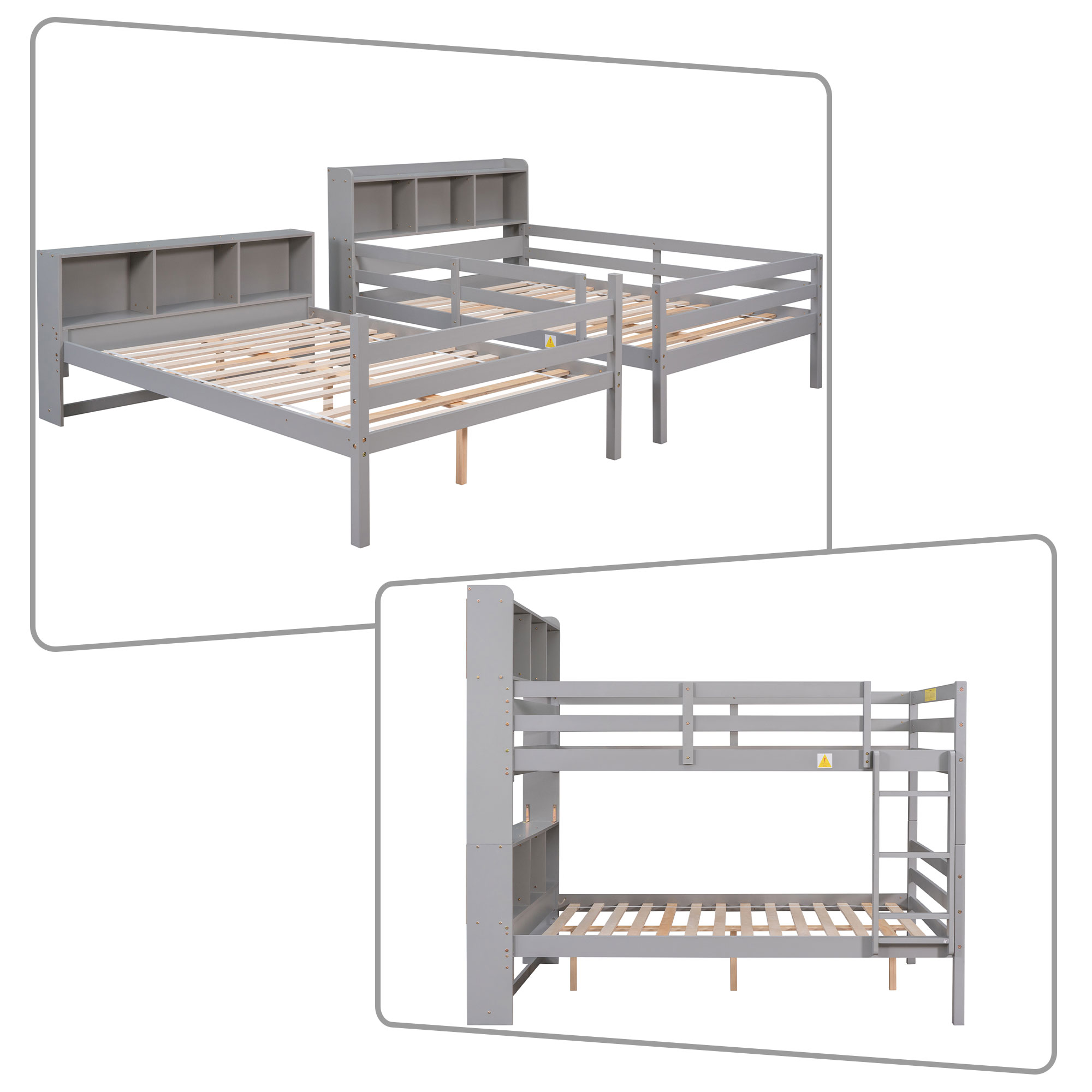 Modern and Minimalist Style Full Size Wooden Bunk Bed with Ladder and Shelves, Grey