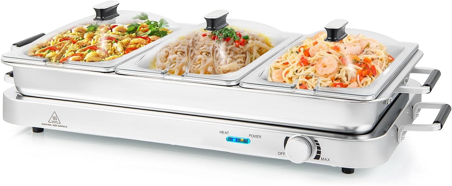Food Warmer Buffet Server, 450W Stainless Steel Electric Warming Tray, Adjustable Temperature, Transparent Lids w/Spoon Slot, 8 Quart Chafing Dish Set for Parties, Banquets, Catering Events