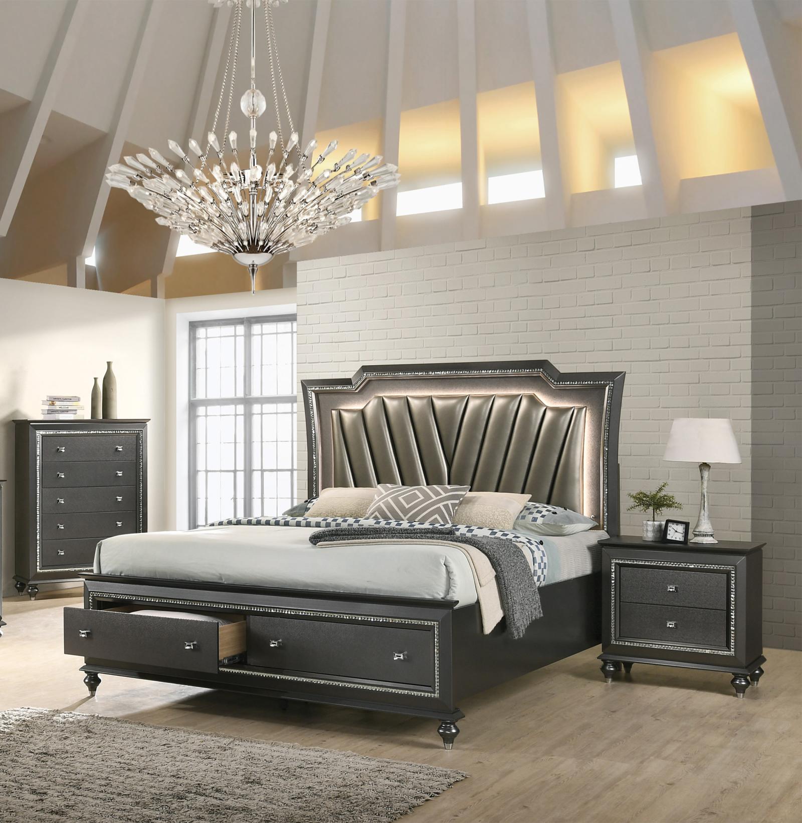 Glam King Storage Bedroom Set 5 w/Chest w/LED Metallic Grey&nbsp;27277EK Kaitlyn Acme