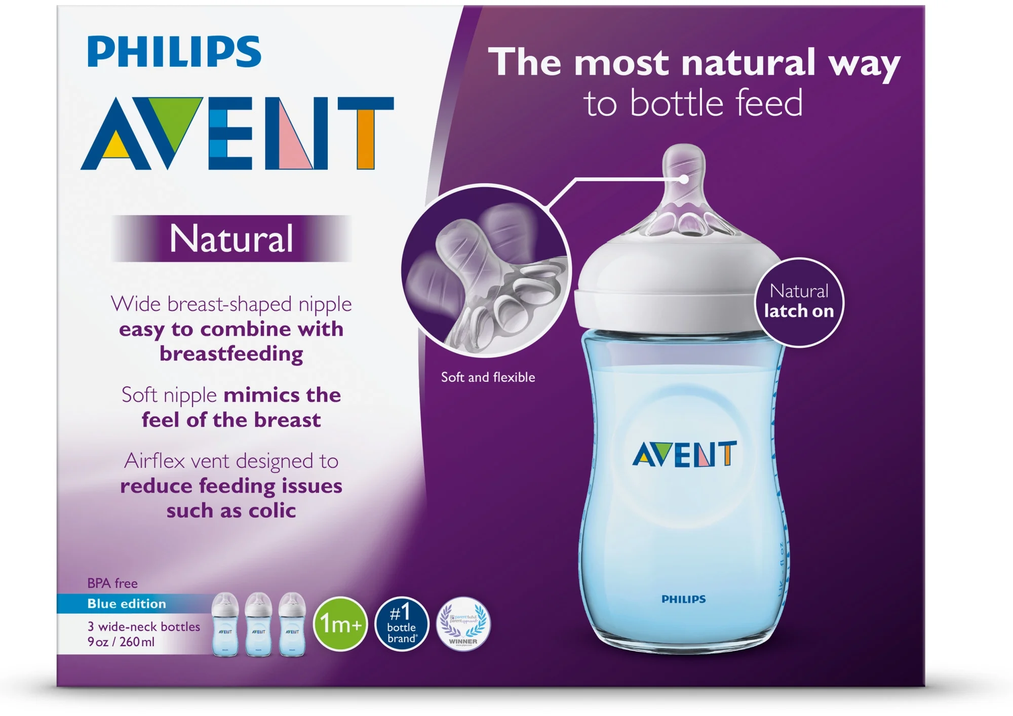 Philips Avent Natural Baby Bottle, Blue, 9oz, 3pk, SCF013/39