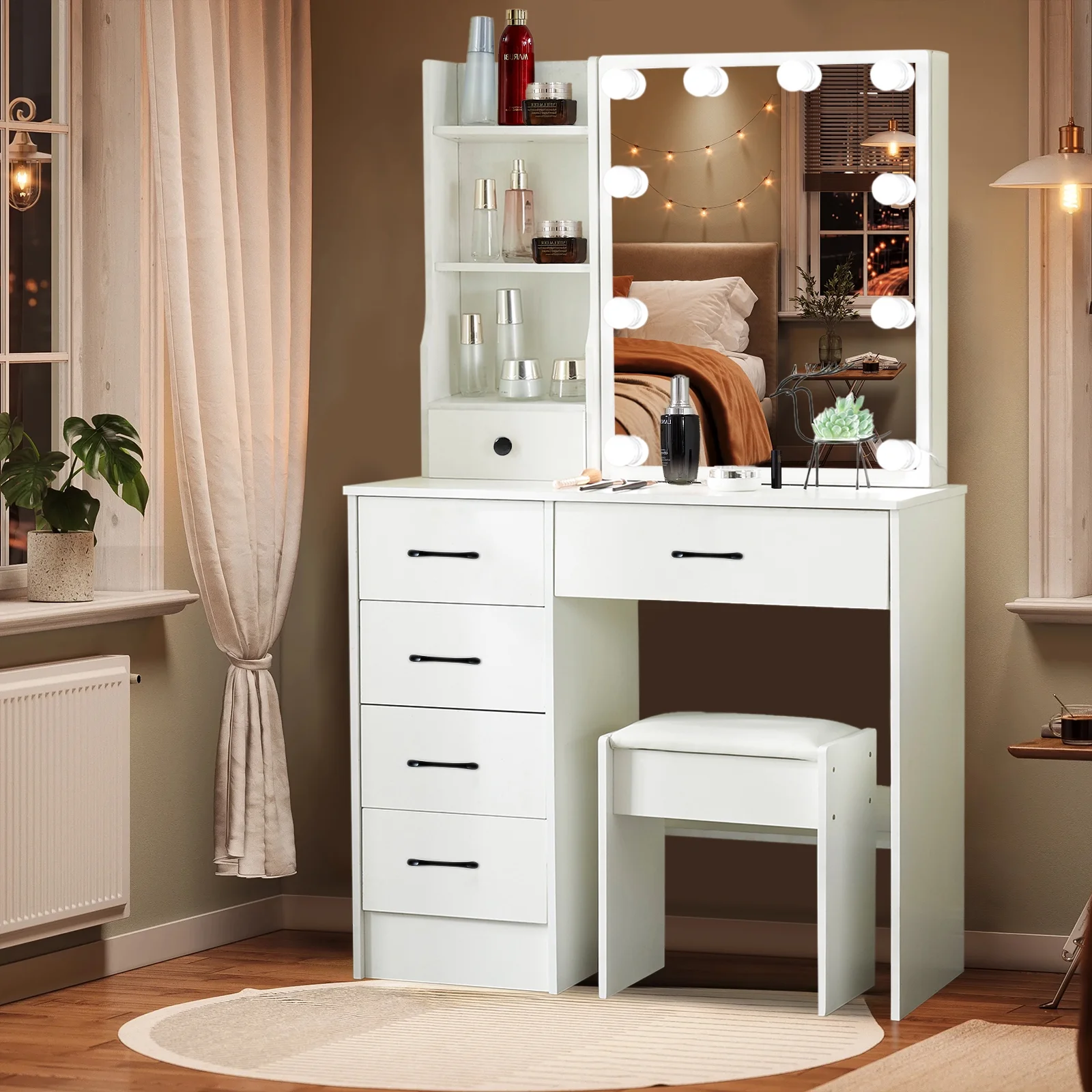 Yamissi Makeup Vanity with Lighted Sliding Mirror and Stool, Vanity Table with Storage Shelves and Drawers, Modern Vanity Desk for Bedroom, White