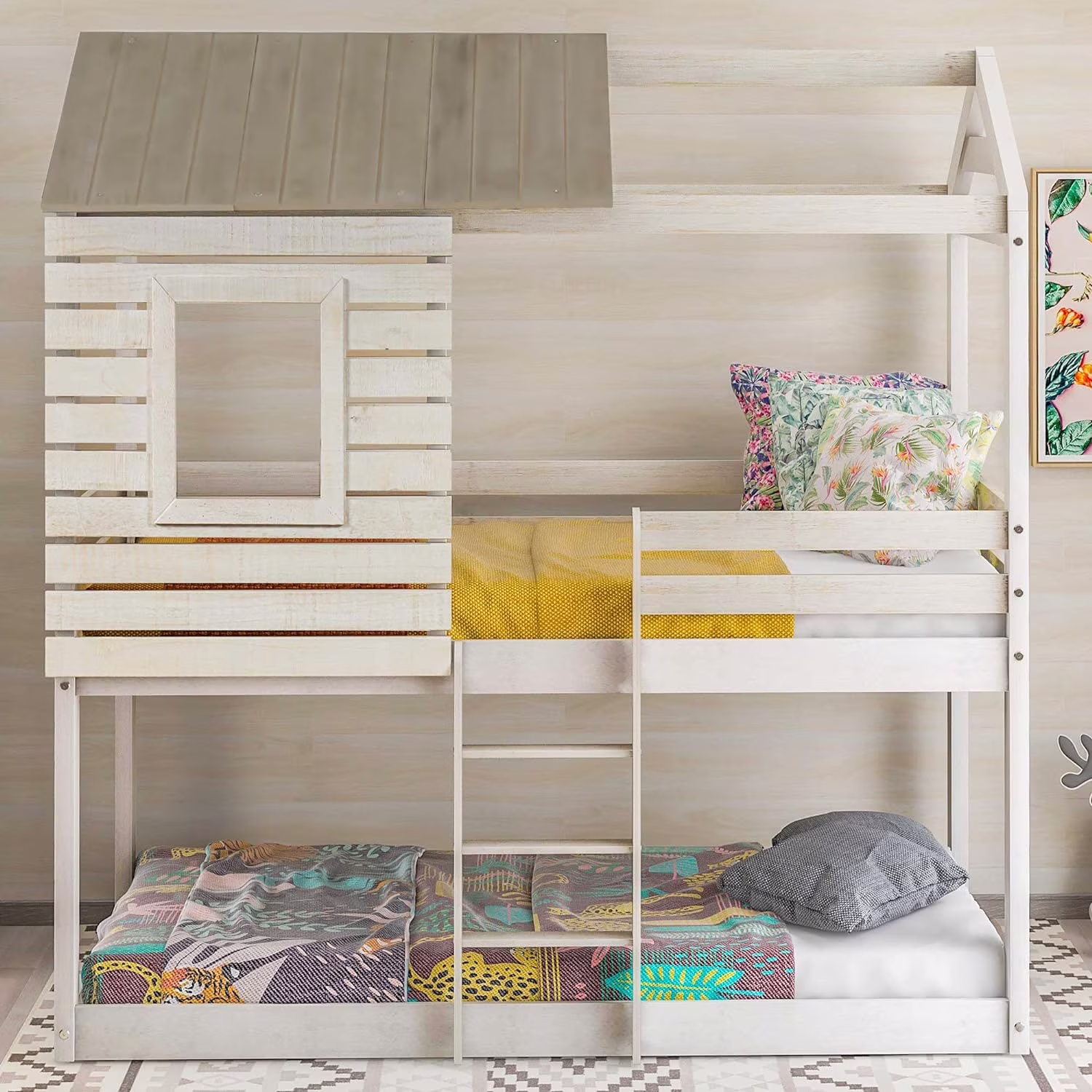 House Bunk Beds For Kids, Floor Bunk Beds Over , Wood Bunk Bed With Roof And Guardrail, Kids Bunk Beds For Girls, Boys,Teens, No Box Spring Needed, Antique White